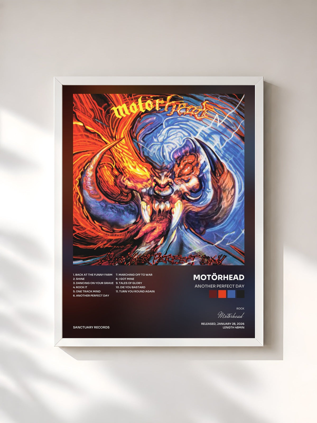 #blanc Tableau de l'album Another Perfect Day de Motörhead, cadre blanc, imprimé et encadré en France