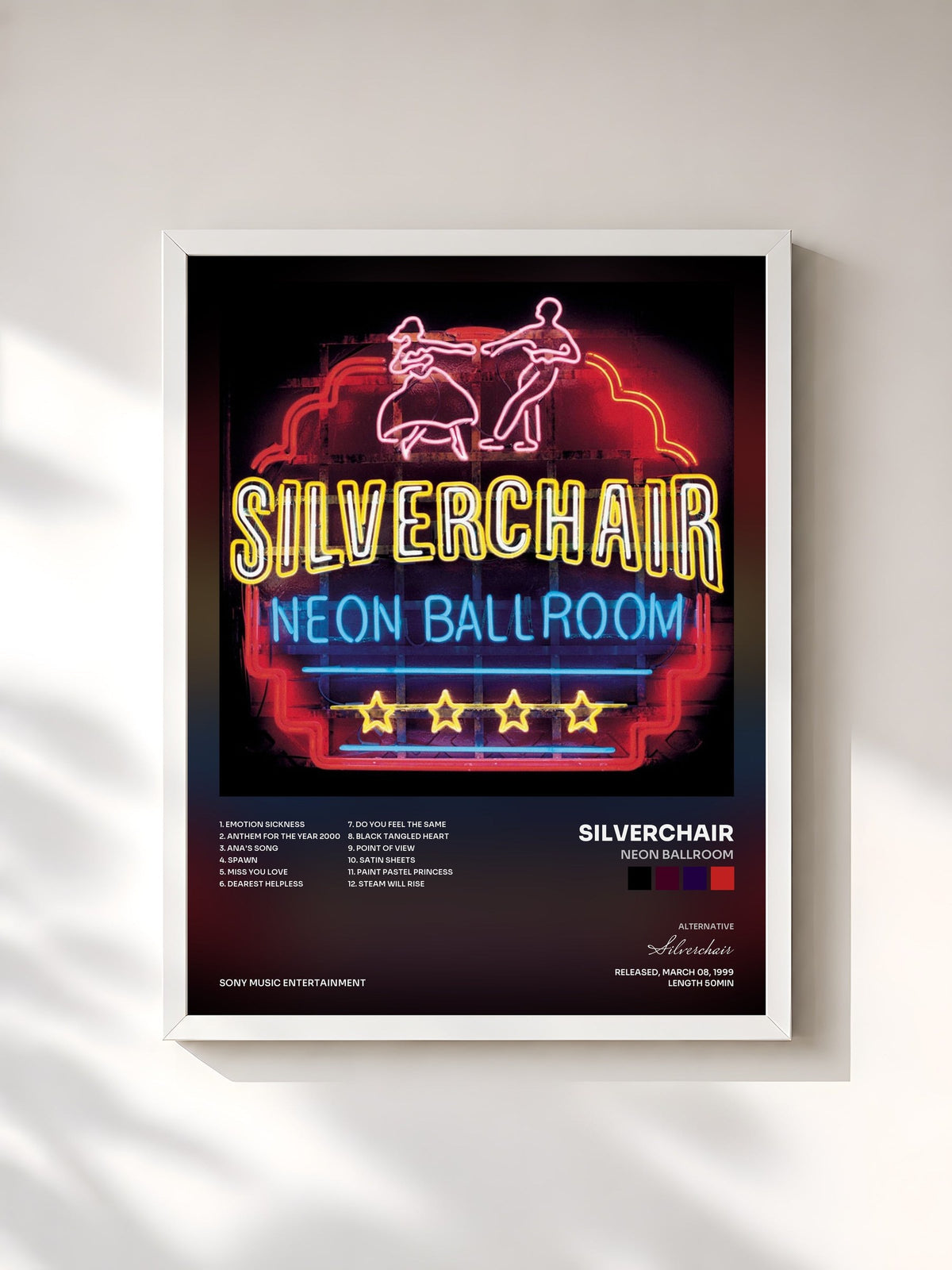 #blanc Neon Ballroom de Silverchair en lámina enmarcada, marco blanco, impresa y enmarcada en Francia