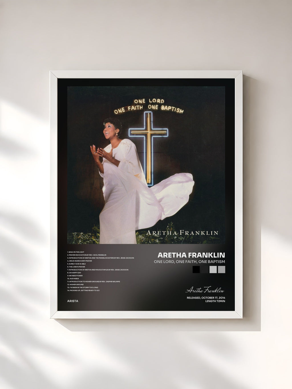 #blanc Tableau de l'album One Lord, One Faith, One Baptism de Aretha Franklin, cadre blanc, imprimé et encadré en France