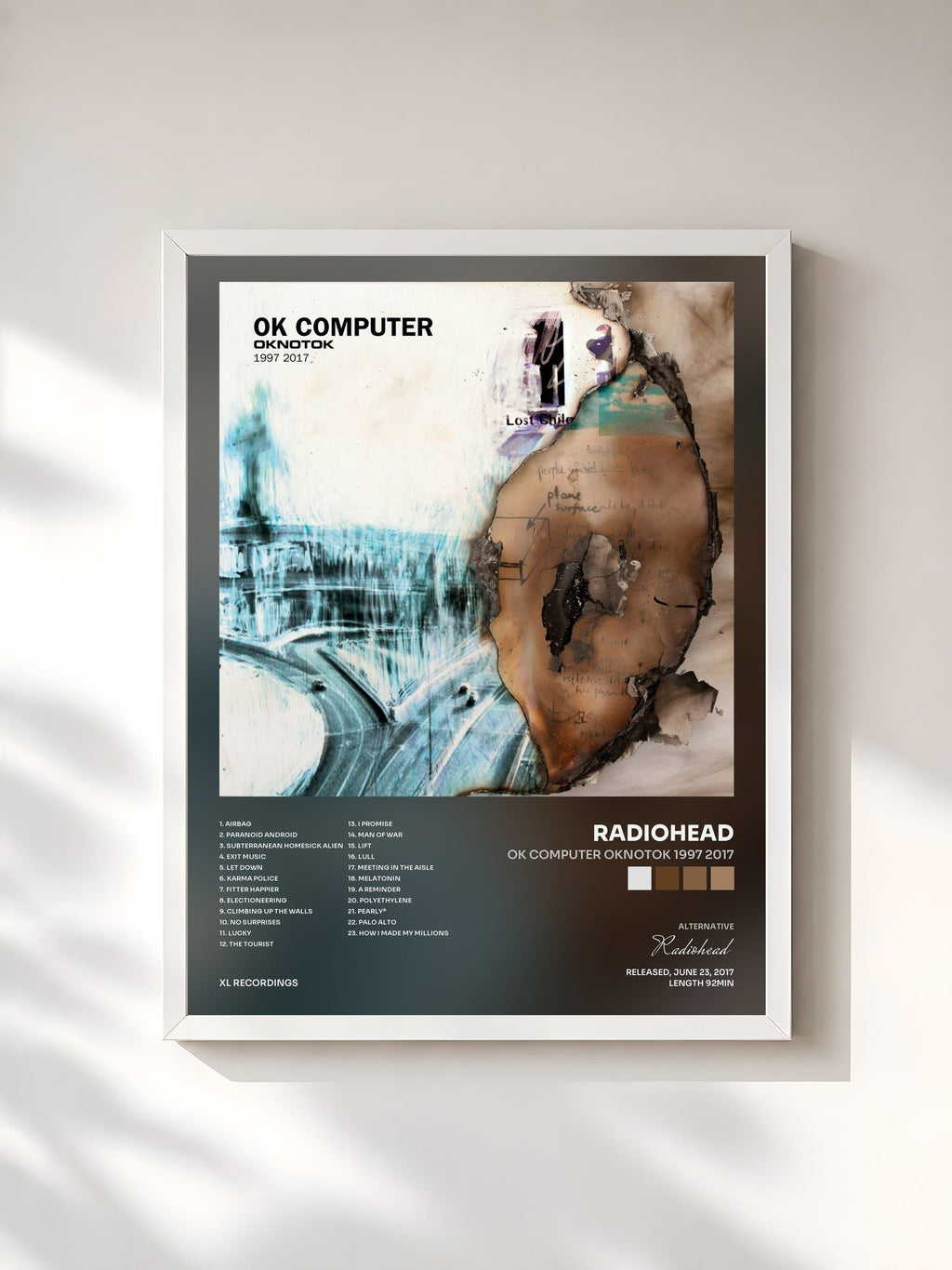 #blanc Tableau de l'album OK Computer OKNOTOK 1997 2017 de Radiohead, cadre blanc, imprimé et encadré en France