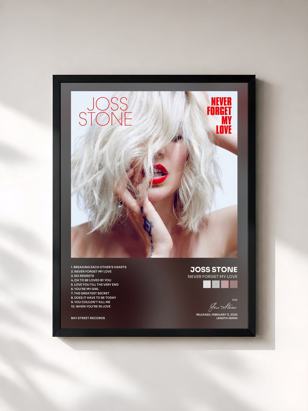 #noir Tableau de l'album Never Forget My Love de Joss Stone, cadre noir, imprimé et encadré en France