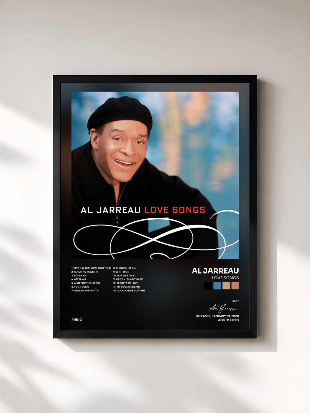 #noir Tableau de l'album Love Songs de Al Jarreau, cadre noir, imprimé et encadré en France