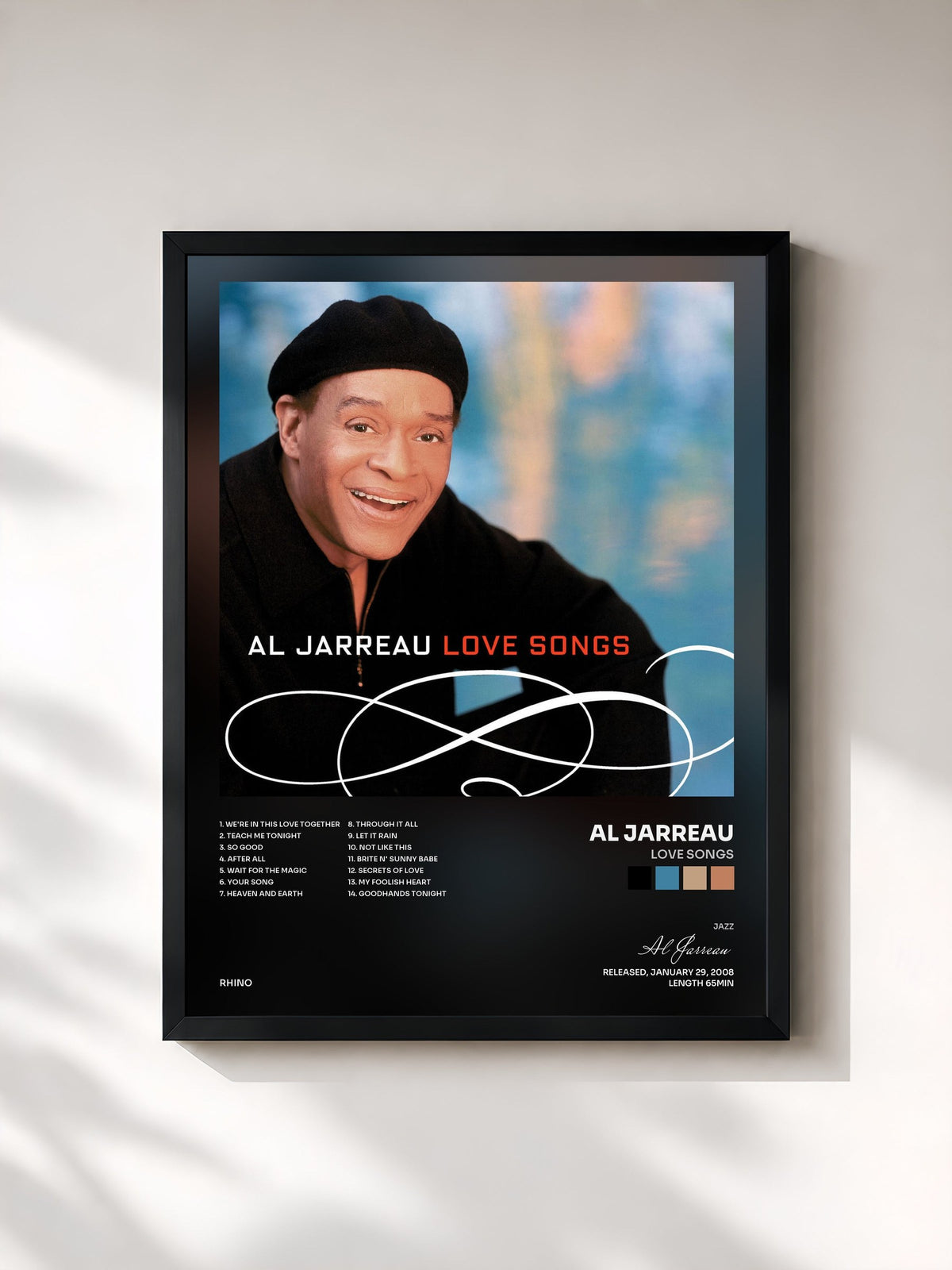 #noir Tableau de l'album Love Songs de Al Jarreau, cadre noir, imprimé et encadré en France