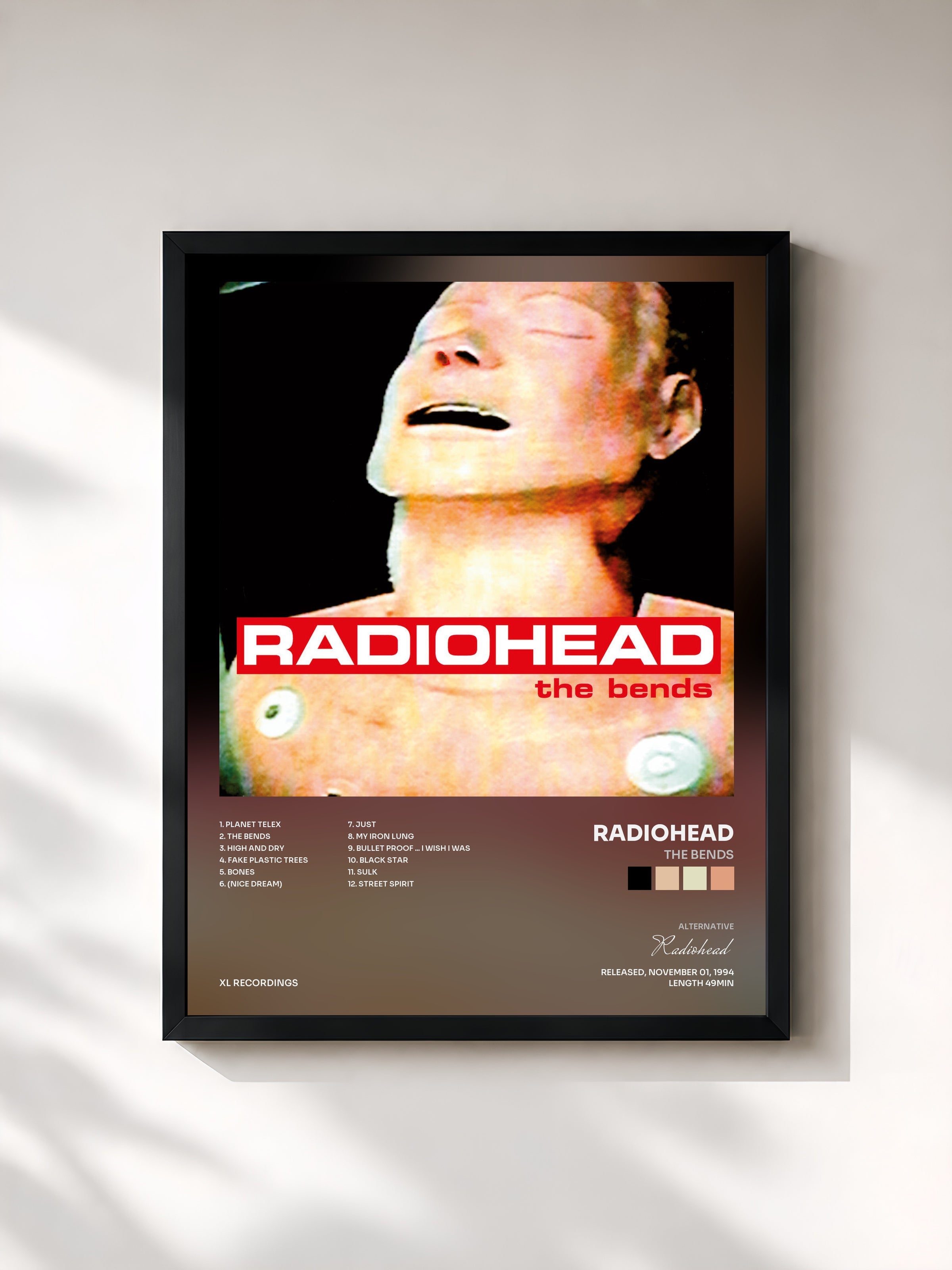 #noir Tableau de l'album The Bends de Radiohead, cadre noir, imprimé et encadré en France