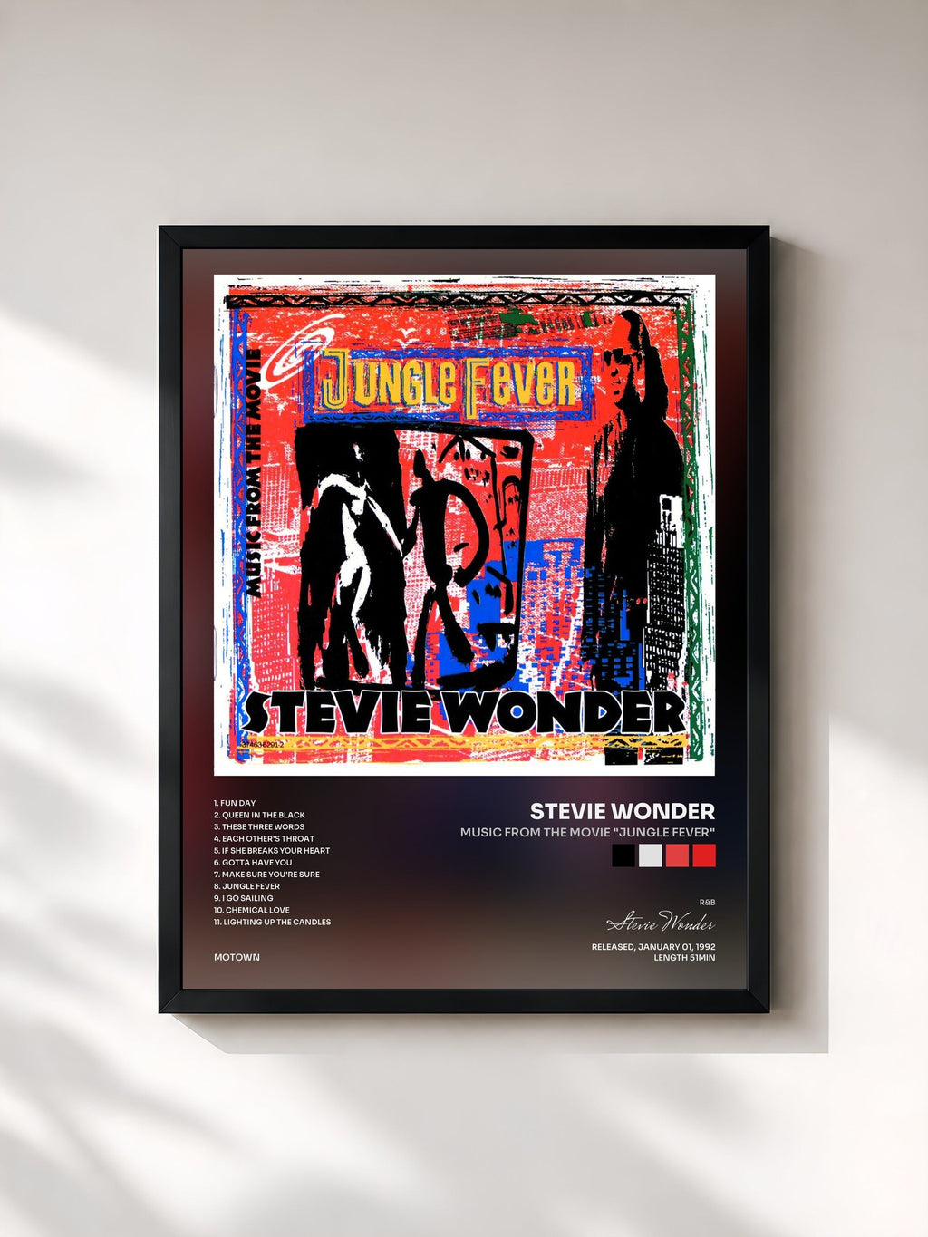 #noir Tableau de l'album Music From The Movie "Jungle Fever" de Stevie Wonder, cadre noir, imprimé et encadré en France