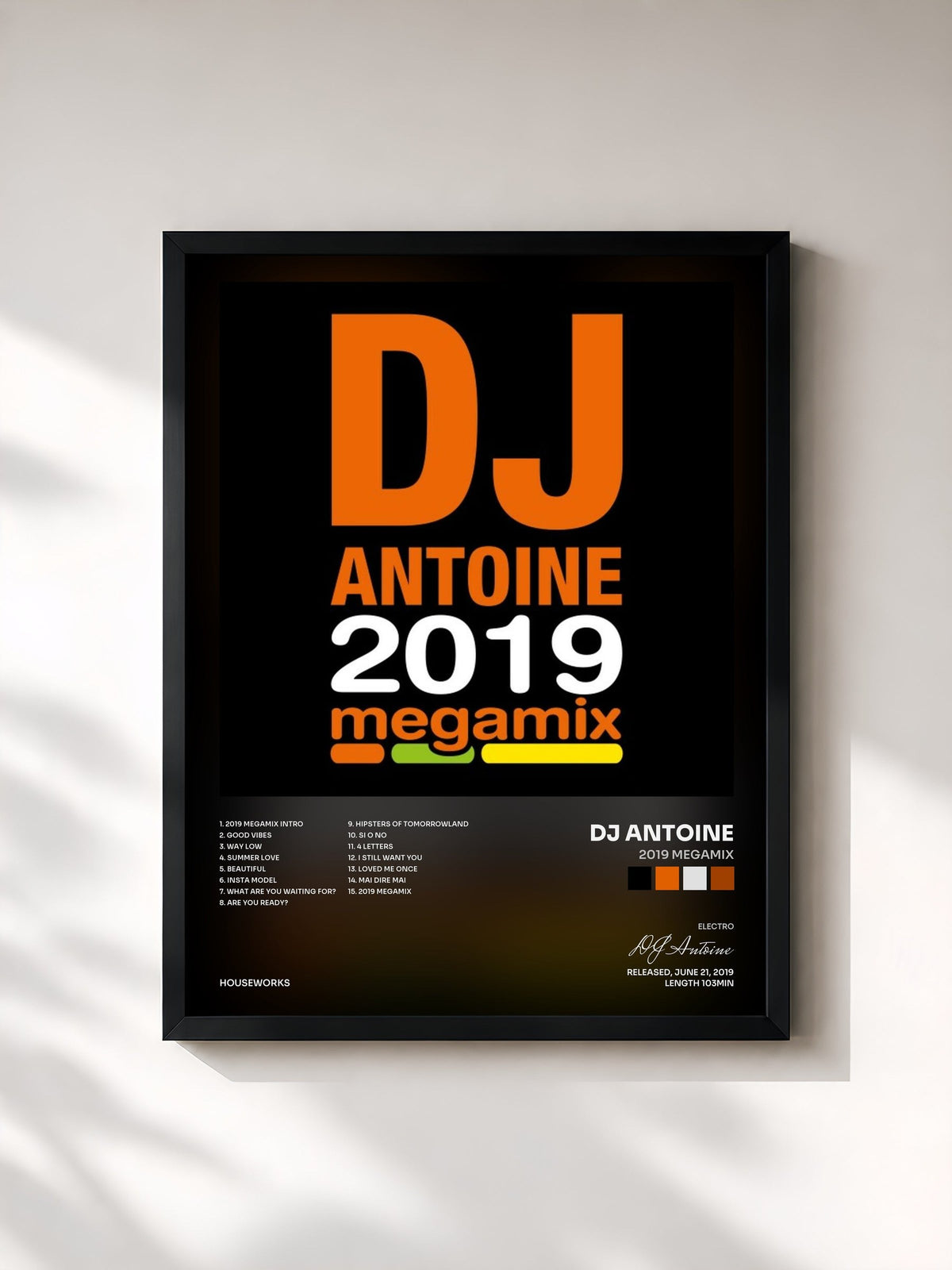 #noir Tableau de l'album 2019 Megamix de DJ Antoine, cadre noir, imprimé et encadré en France