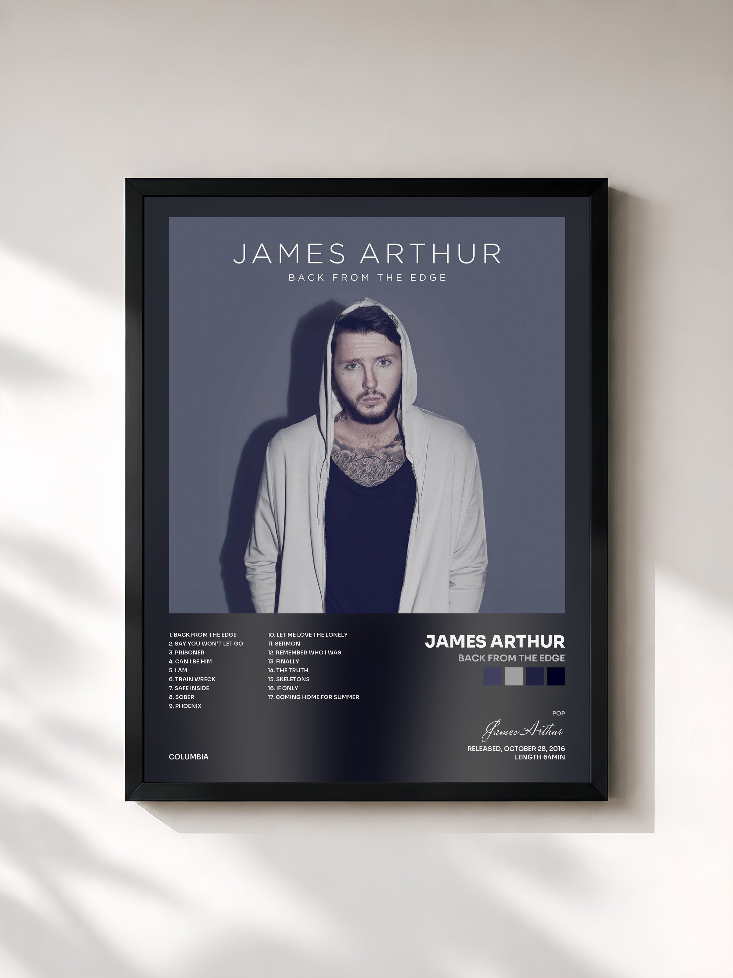 #noir Tableau de l'album Back from the Edge de James Arthur, cadre noir, imprimé et encadré en France