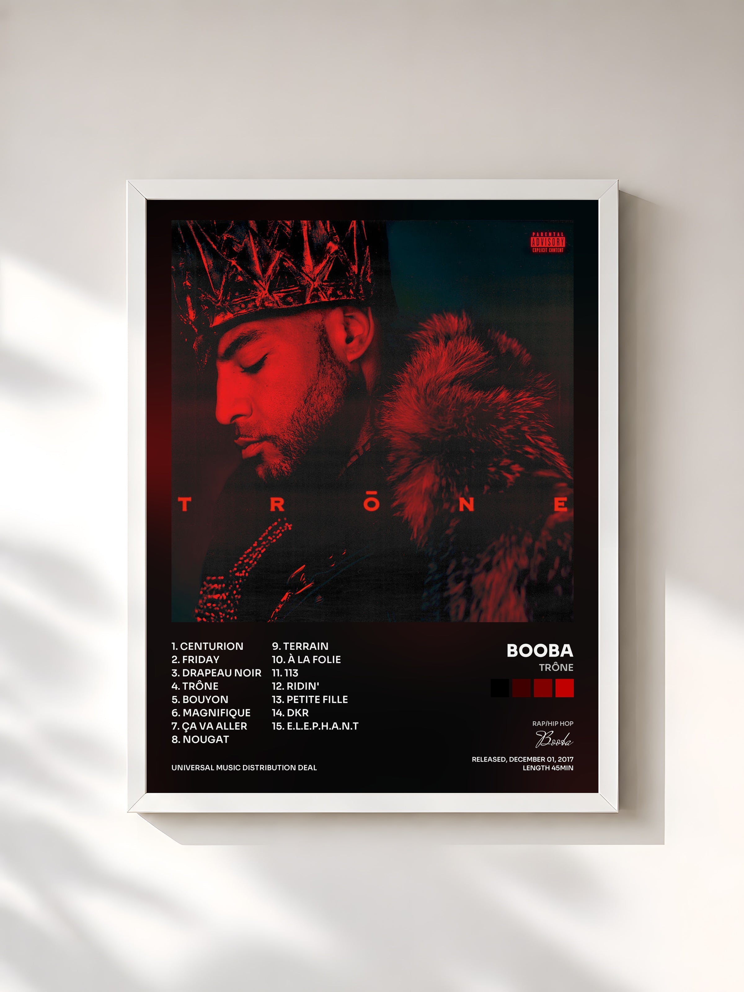 #blanc Tableau de l'album Trône de Booba, cadre blanc, imprimé et encadré en France