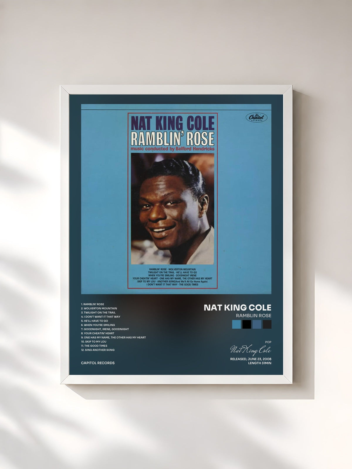 #blanc Ramblin Rose by Nat King Cole as a framed art print, white frame, printed and framed in France
