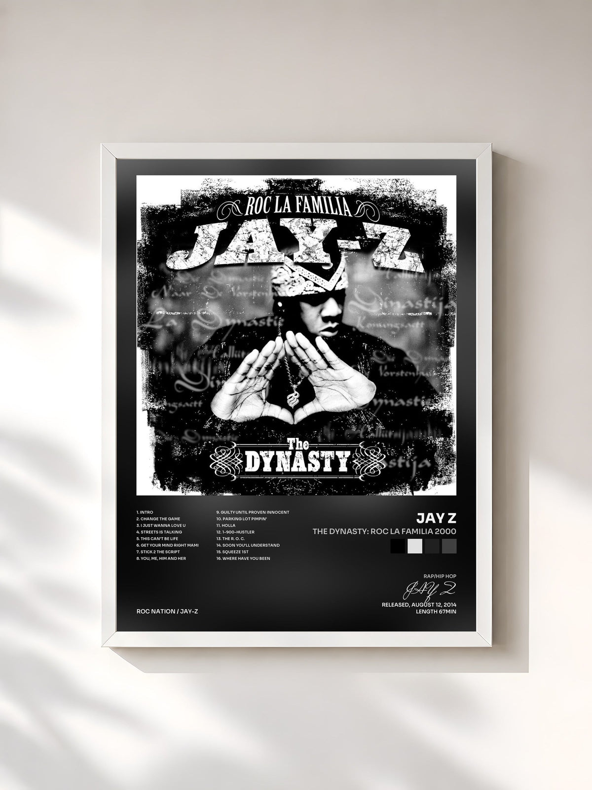 #blanc Tableau de l'album The Dynasty: Roc La Familia 2000 de JAY Z, cadre blanc, imprimé et encadré en France