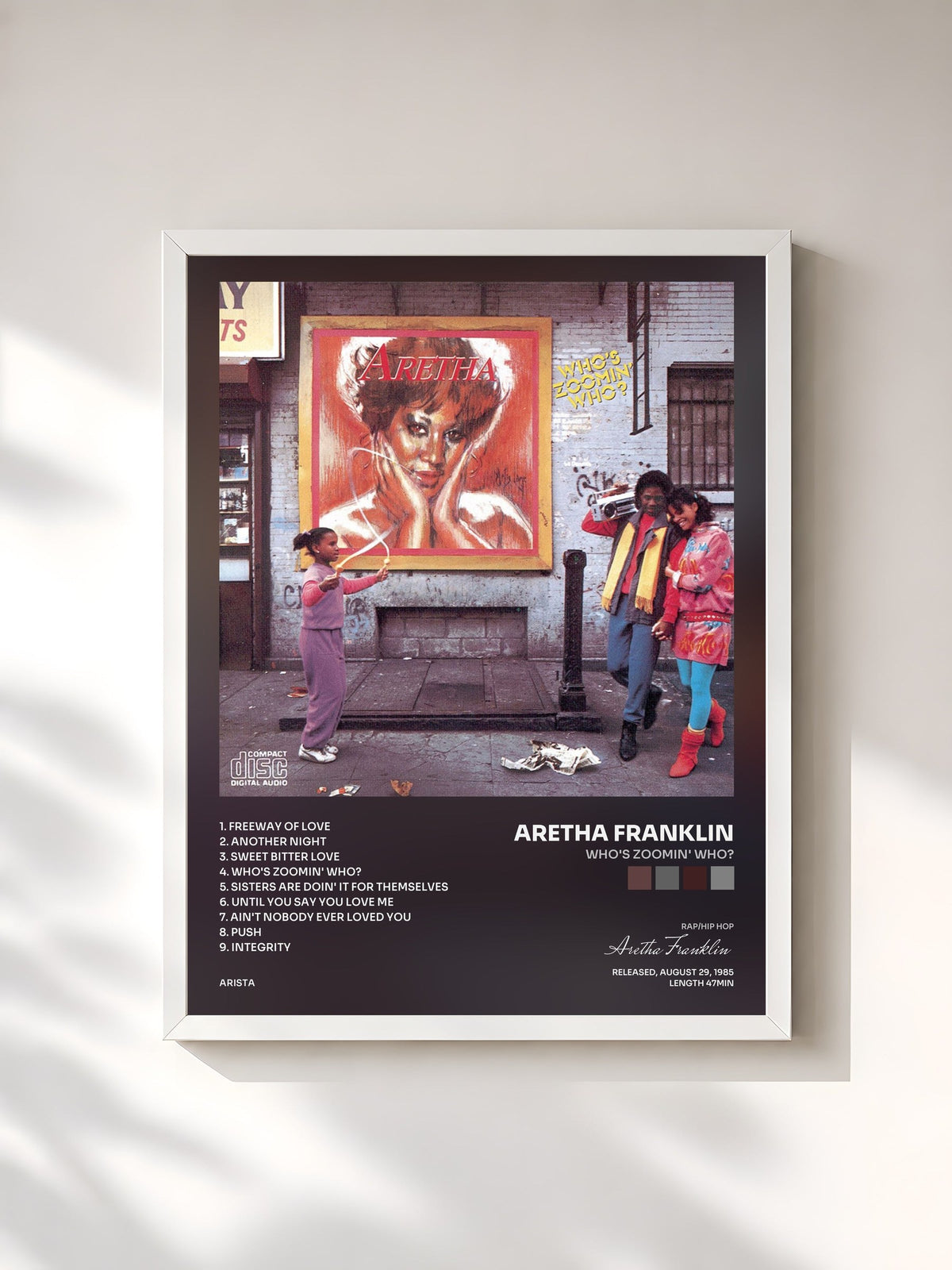 #blanc Who's Zoomin' Who? von Aretha Franklin als gerahmter Kunstdruck, weißer Rahmen, gedruckt und gerahmt in Frankreich
