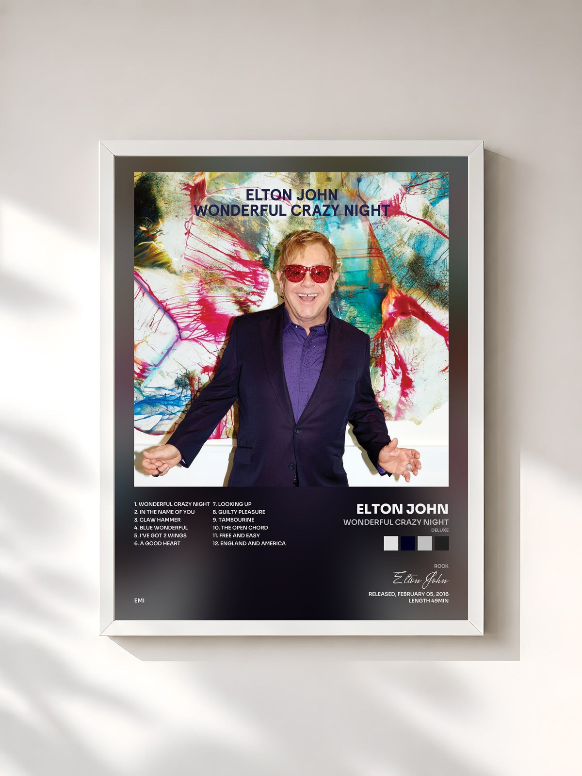 #blanc Tableau de l'album Wonderful Crazy Night (Deluxe) de Elton John, cadre blanc, imprimé et encadré en France