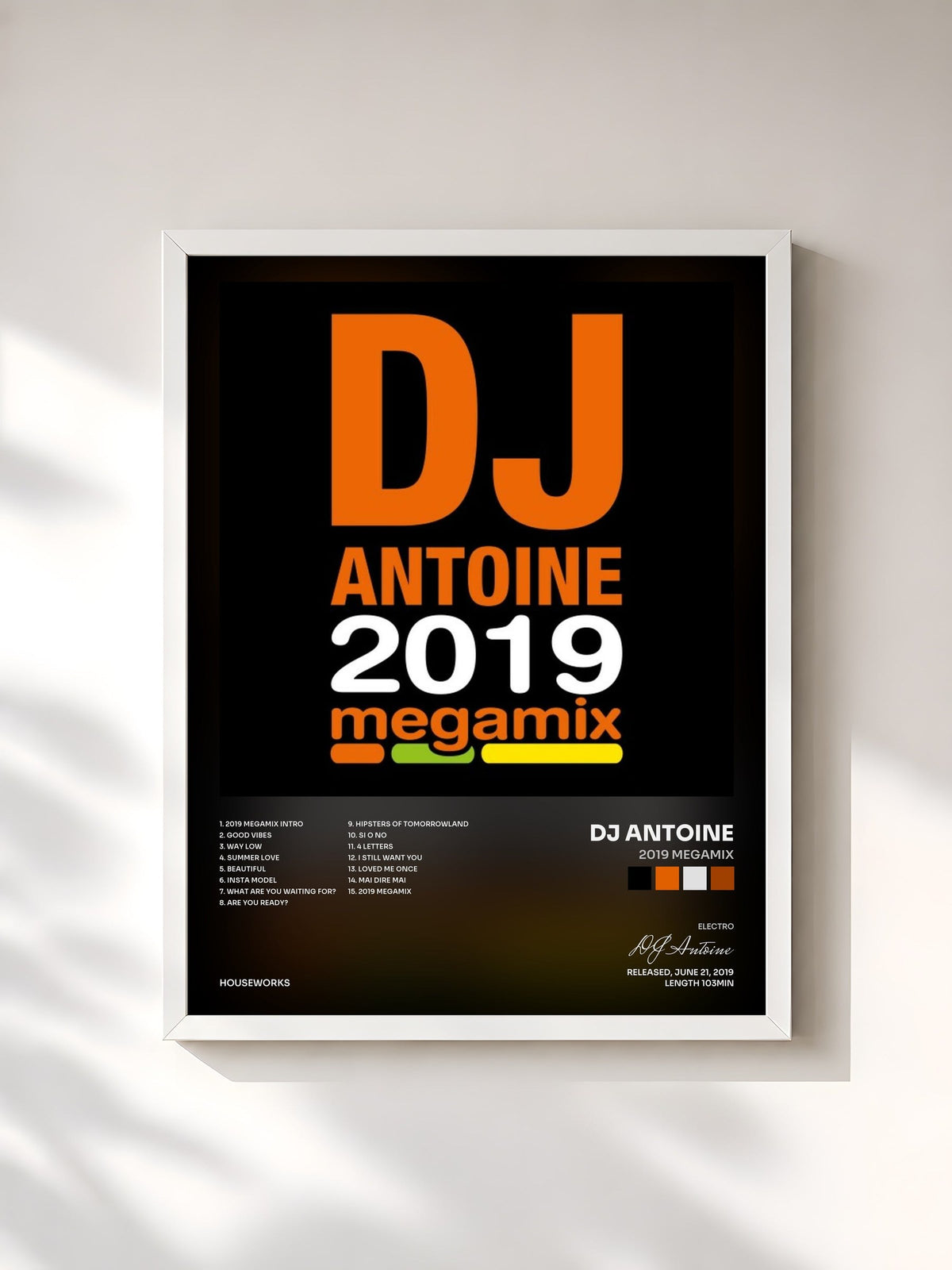 #blanc Tableau de l'album 2019 Megamix de DJ Antoine, cadre blanc, imprimé et encadré en France