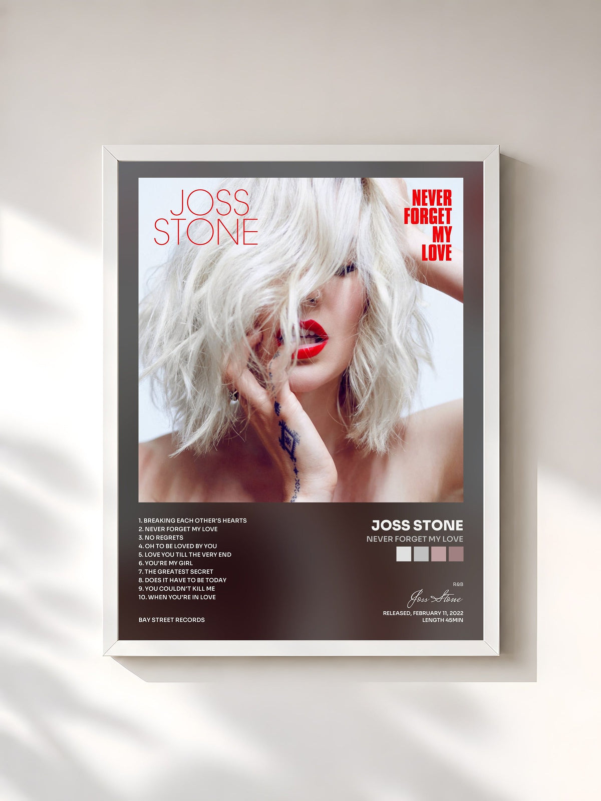 #blanc Never Forget My Love by Joss Stone as a framed art print, white frame, printed and framed in France