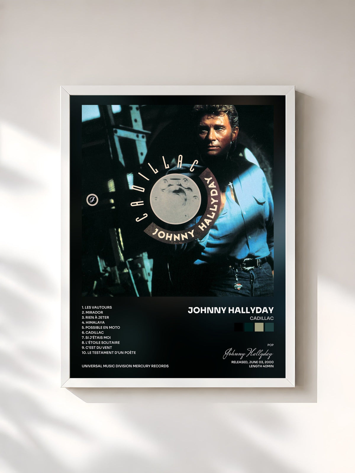 #blanc Cadillac di Johnny Hallyday in stampa incorniciata, cornice bianca, stampata e incorniciata in Francia