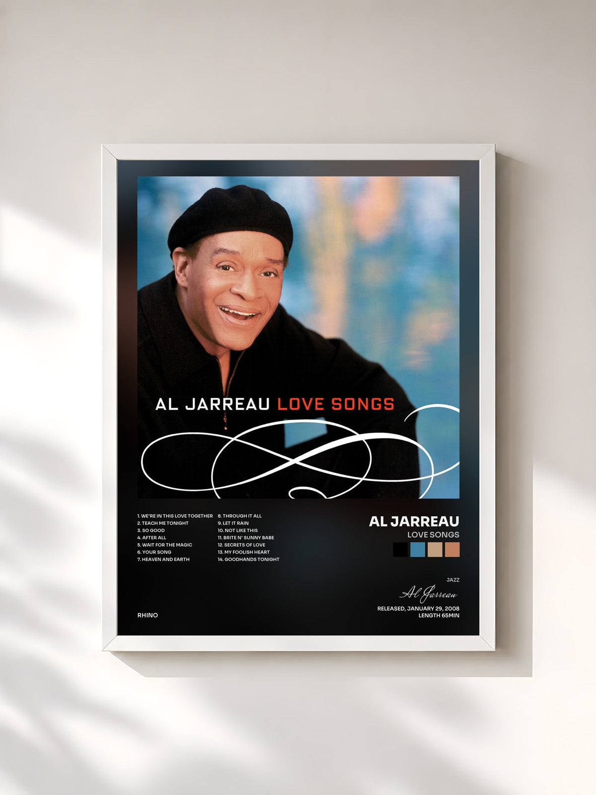 #blanc Tableau de l'album Love Songs de Al Jarreau, cadre blanc, imprimé et encadré en France