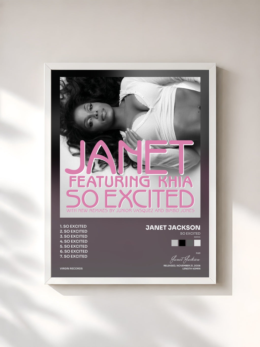 #blanc So Excited (Remix) by Janet Jackson as a framed art print, white frame, printed and framed in France