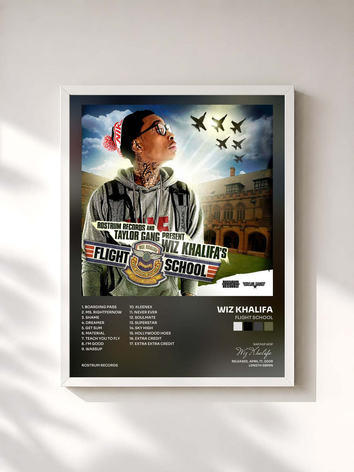 #blanc Tableau de l'album Flight School de Wiz Khalifa, cadre blanc, imprimé et encadré en France