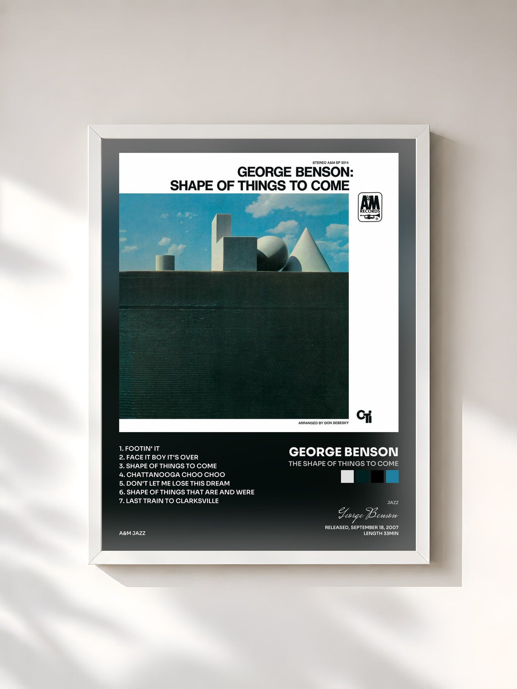 #blanc Tableau de l'album The Shape Of Things To Come de George Benson, cadre blanc, imprimé et encadré en France