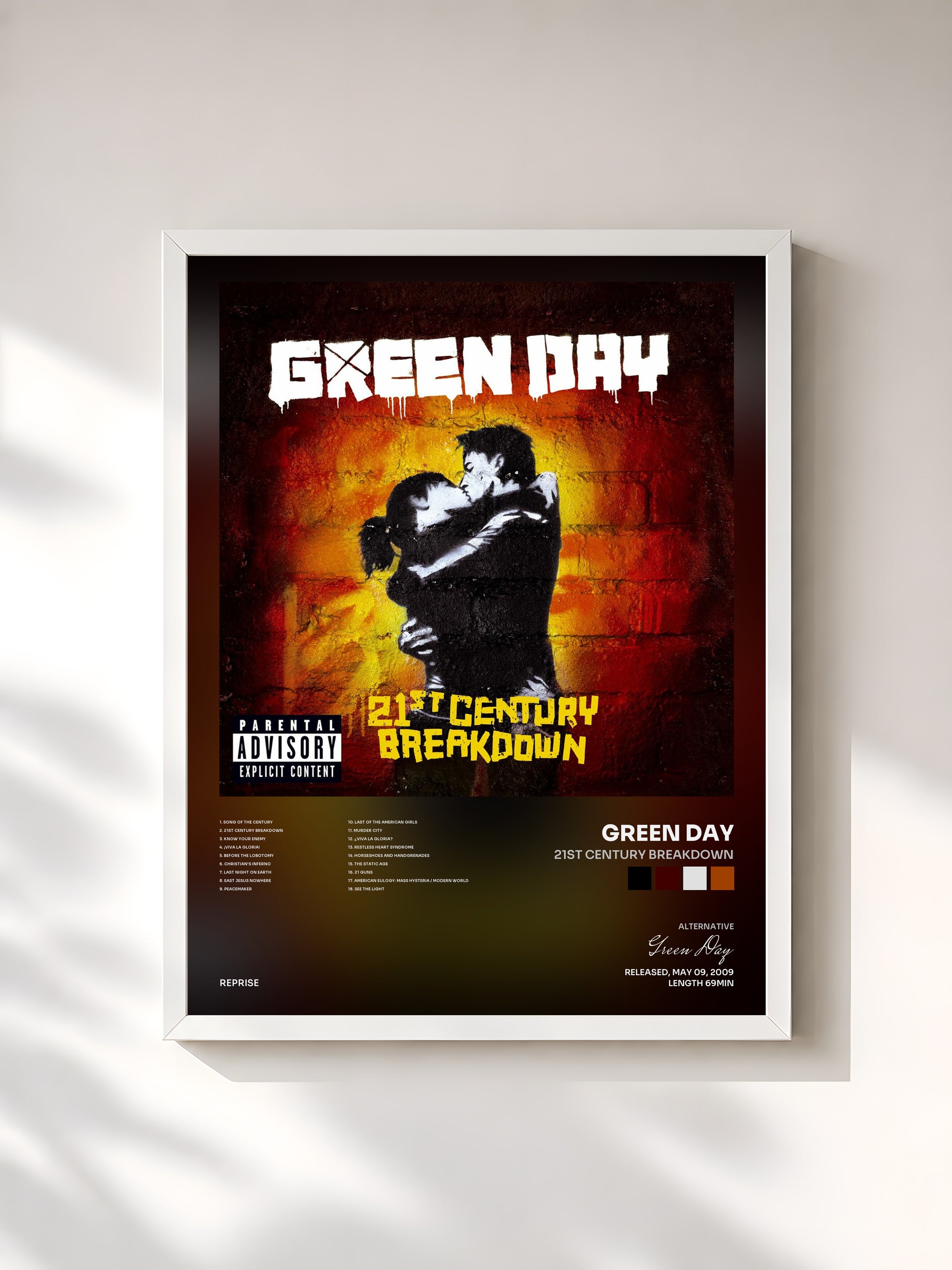 #blanc Tableau de l'album 21st Century Breakdown de Green Day, cadre blanc, imprimé et encadré en France