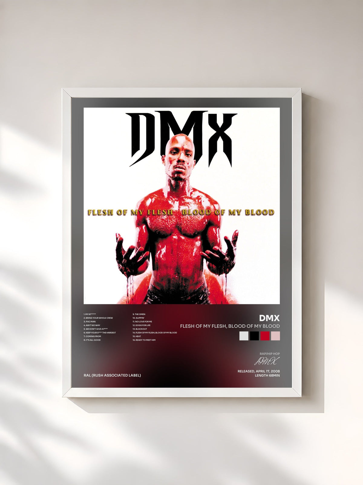 #blanc Tableau de l'album Flesh Of My Flesh, Blood Of My Blood de DMX, cadre blanc, imprimé et encadré en France
