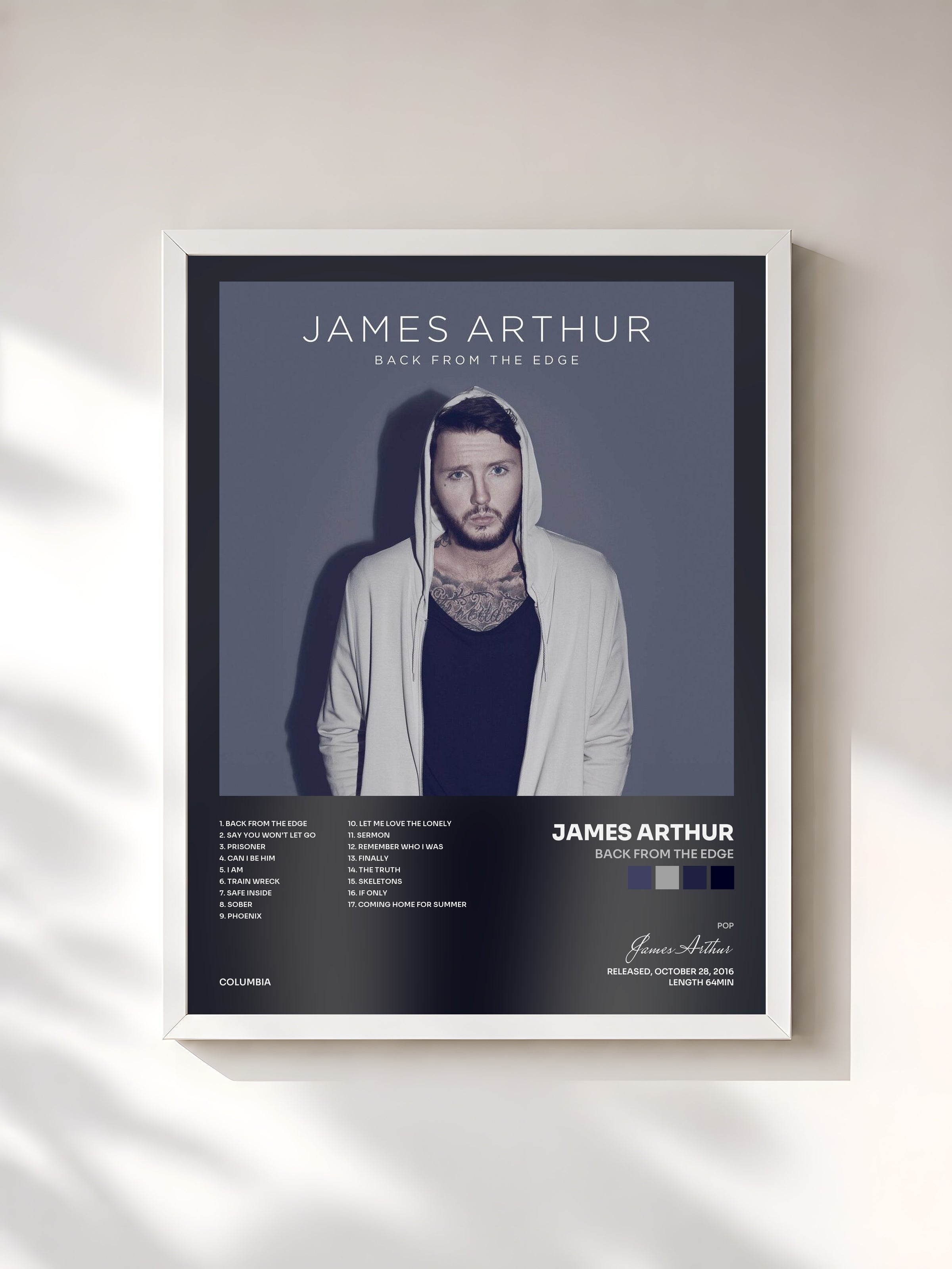 #blanc Tableau de l'album Back from the Edge de James Arthur, cadre blanc, imprimé et encadré en France