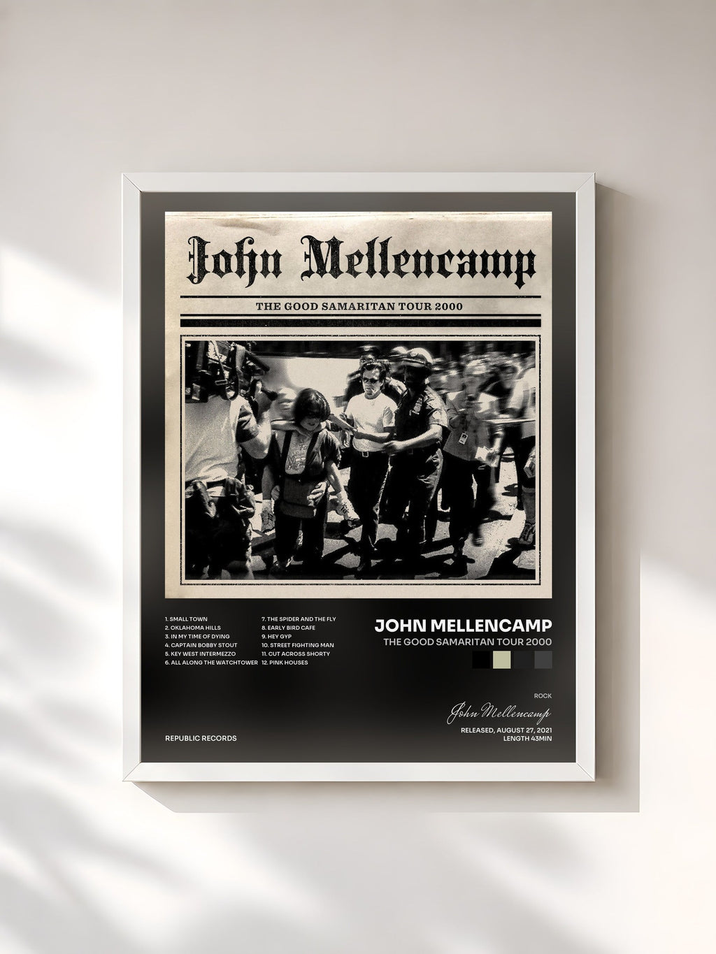 #blanc The Good Samaritan Tour 2000 by John Mellencamp as a framed art print, white frame, printed and framed in France