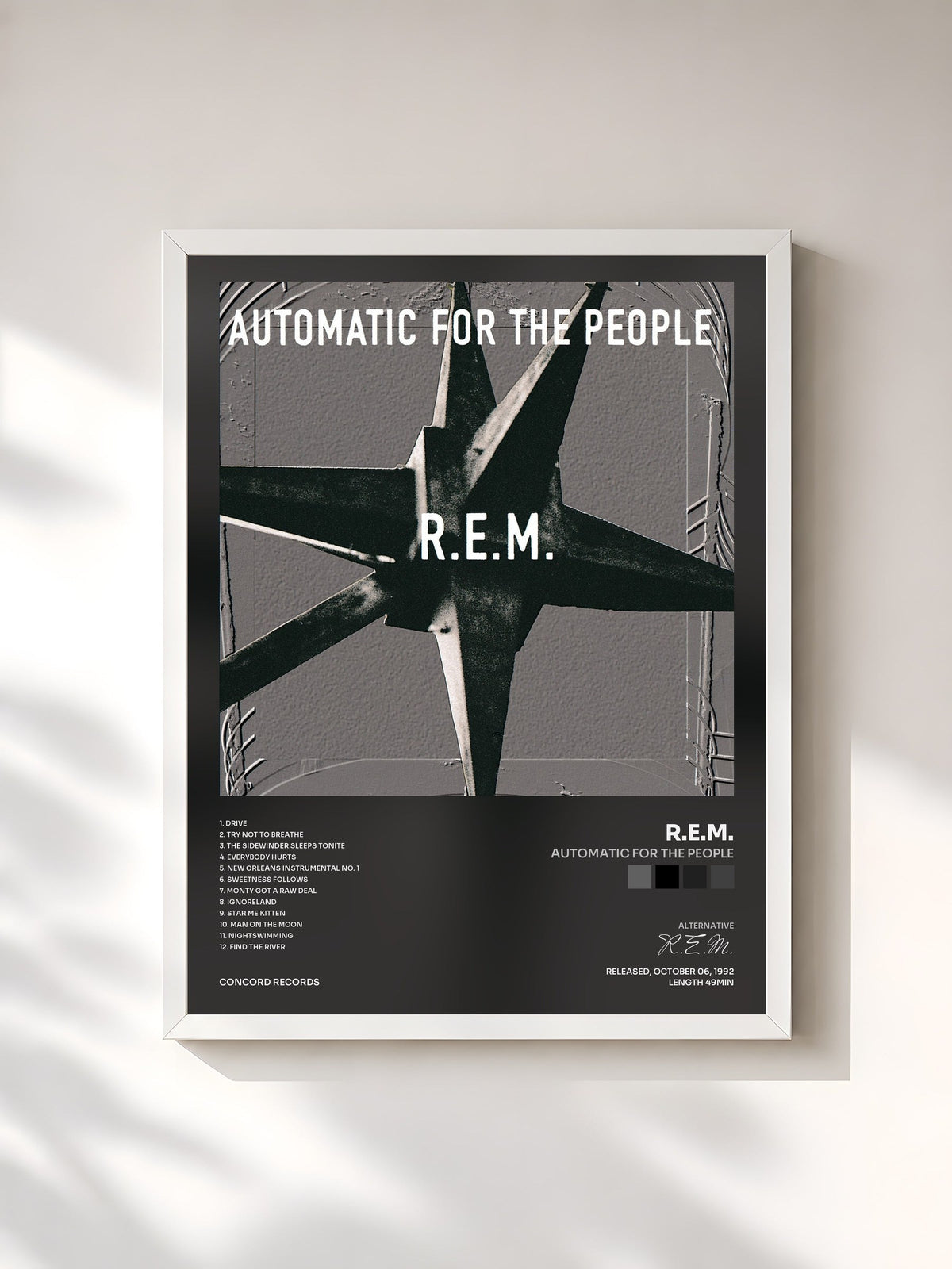 #blanc Tableau de l'album Automatic For The People de R.E.M., cadre blanc, imprimé et encadré en France