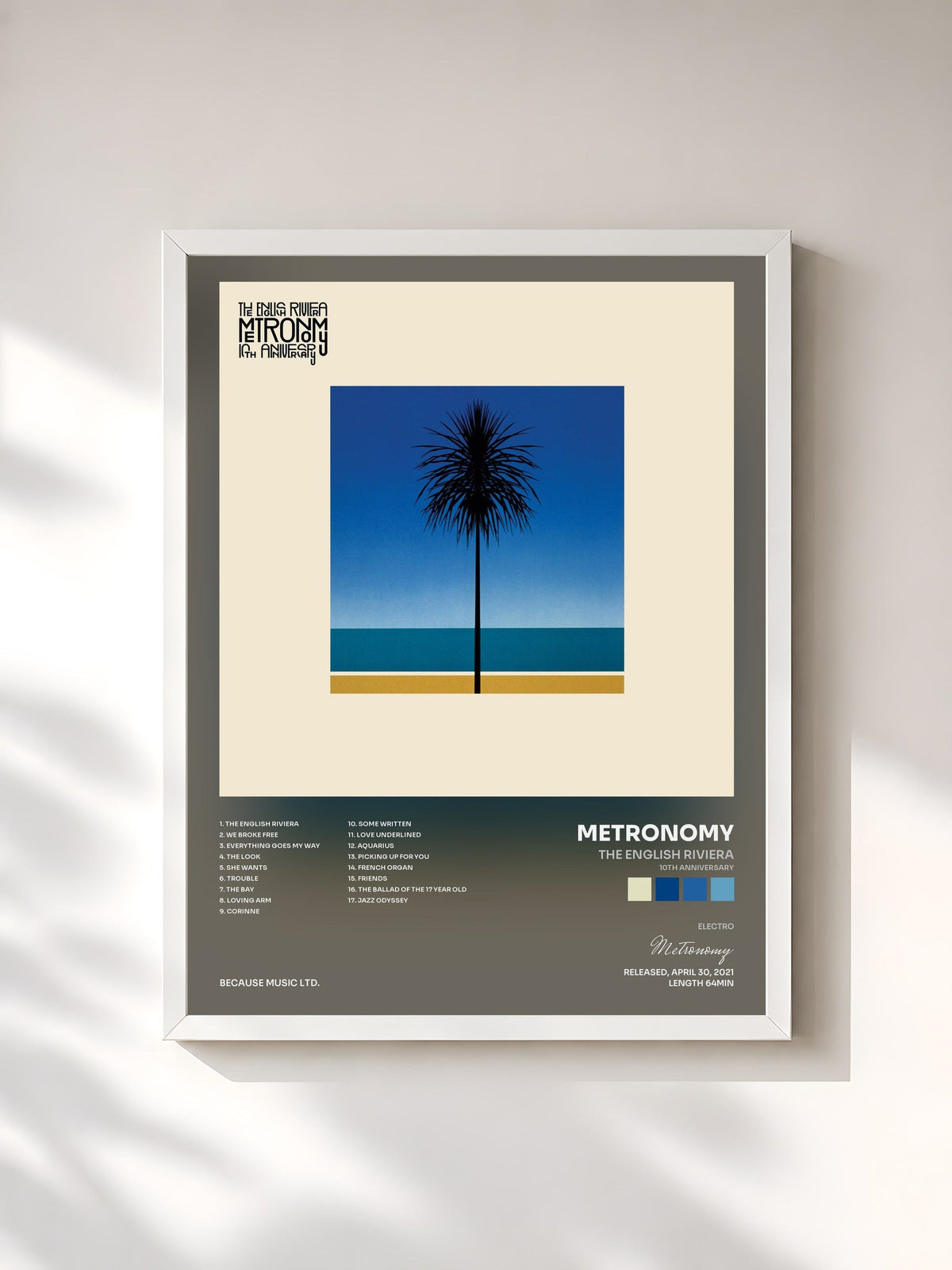 #blanc Tableau de l'album The English Riviera (10th Anniversary) de Metronomy, cadre blanc, imprimé et encadré en France