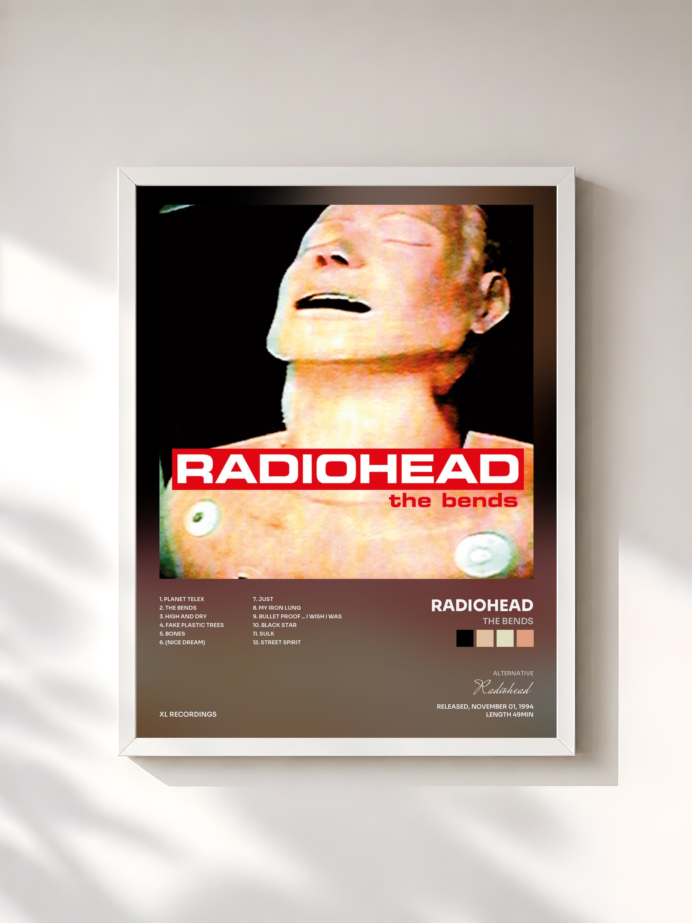 #blanc Tableau de l'album The Bends de Radiohead, cadre blanc, imprimé et encadré en France