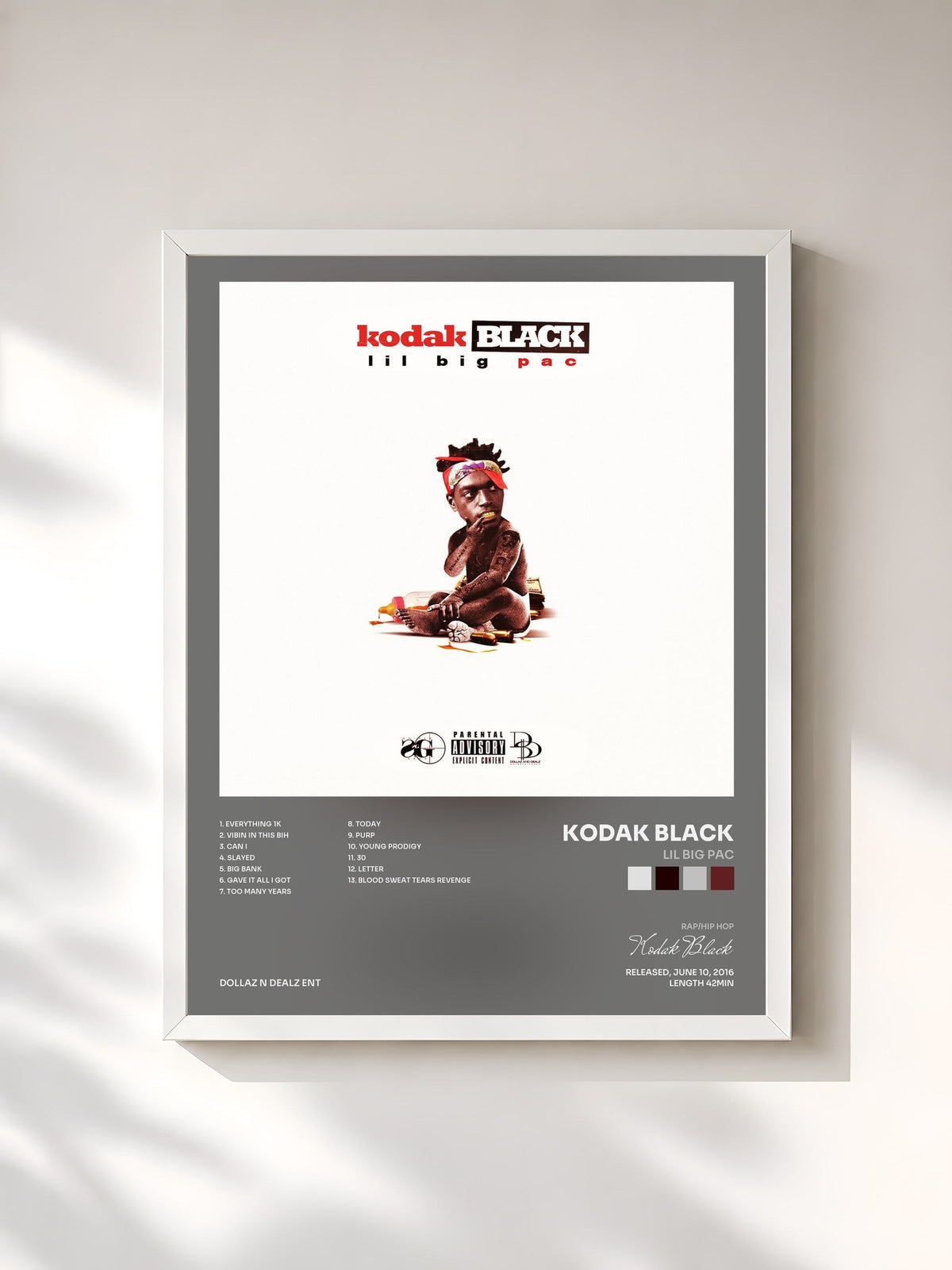 #blanc Tableau de l'album Lil Big Pac de Kodak Black, cadre blanc, imprimé et encadré en France