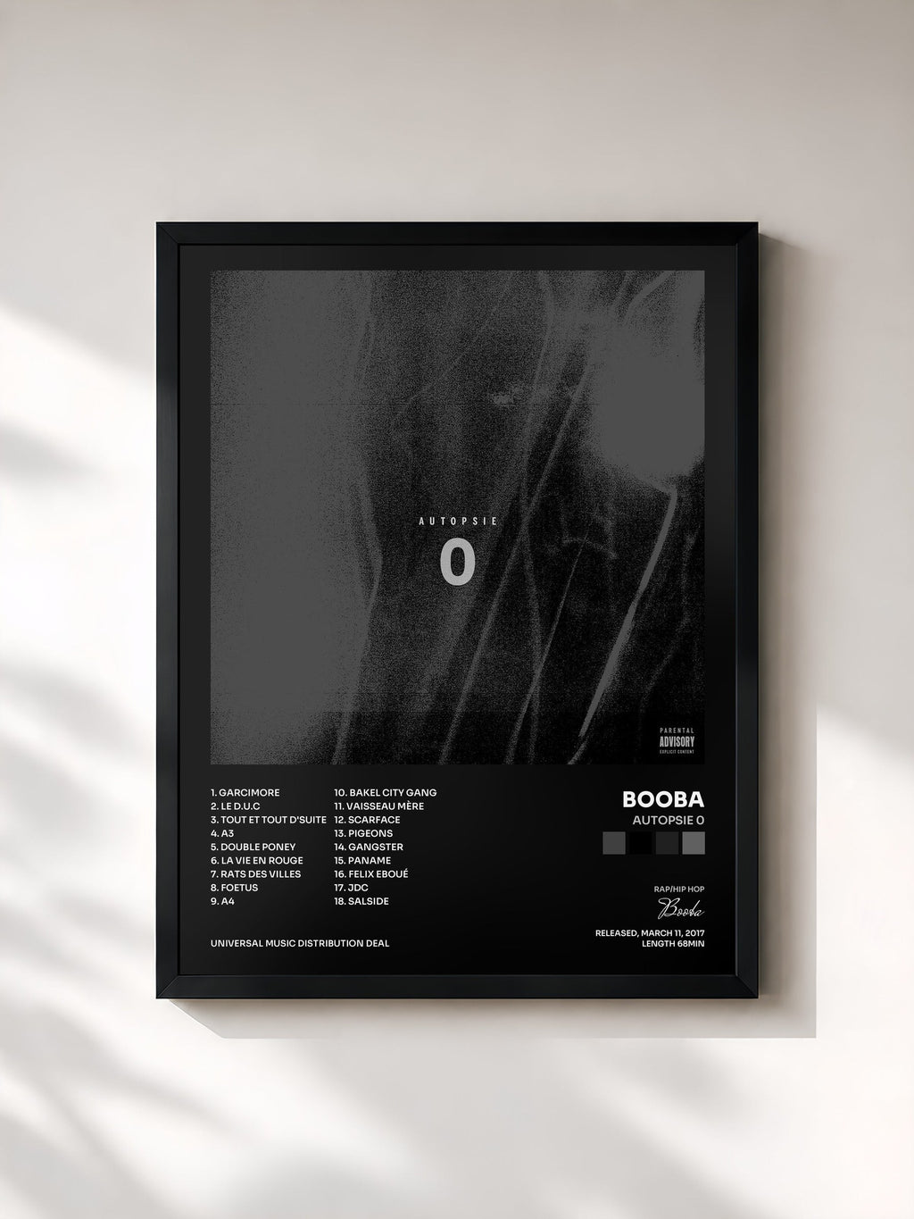 #noir Tableau de l'album Autopsie 0 de Booba, cadre noir, imprimé et encadré en France