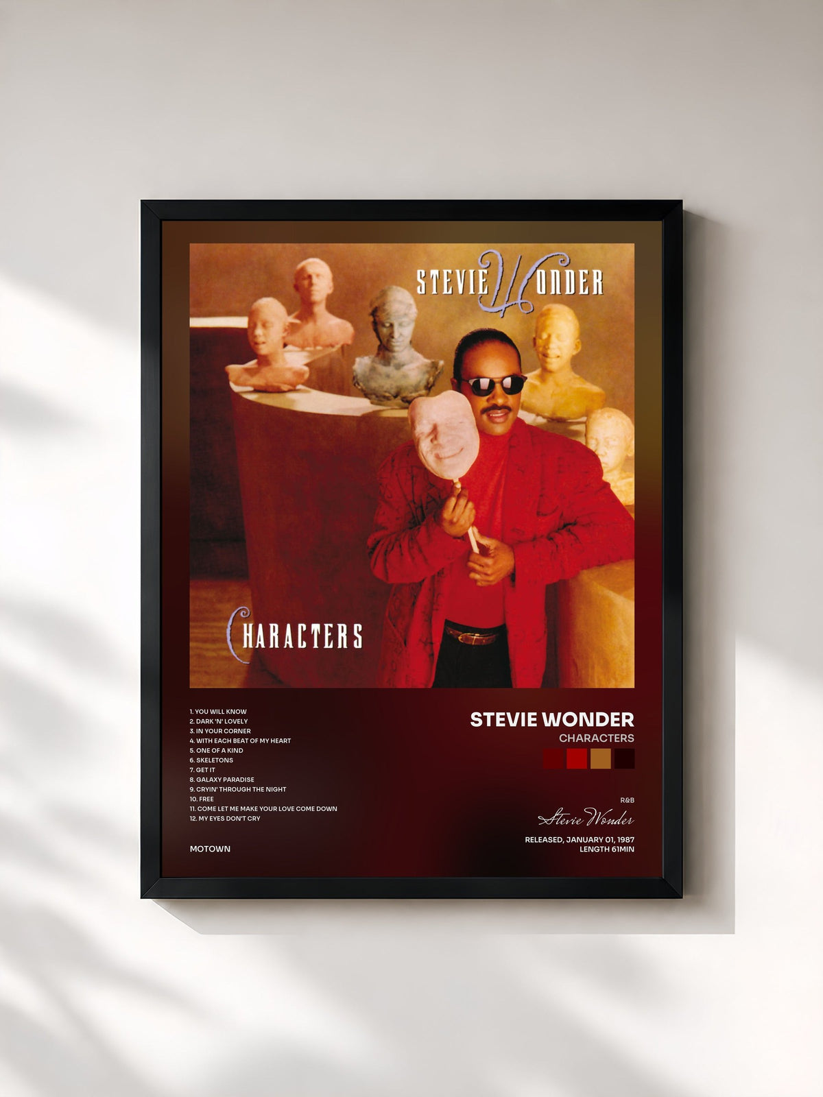 #noir Tableau de l'album Characters de Stevie Wonder, cadre noir, imprimé et encadré en France