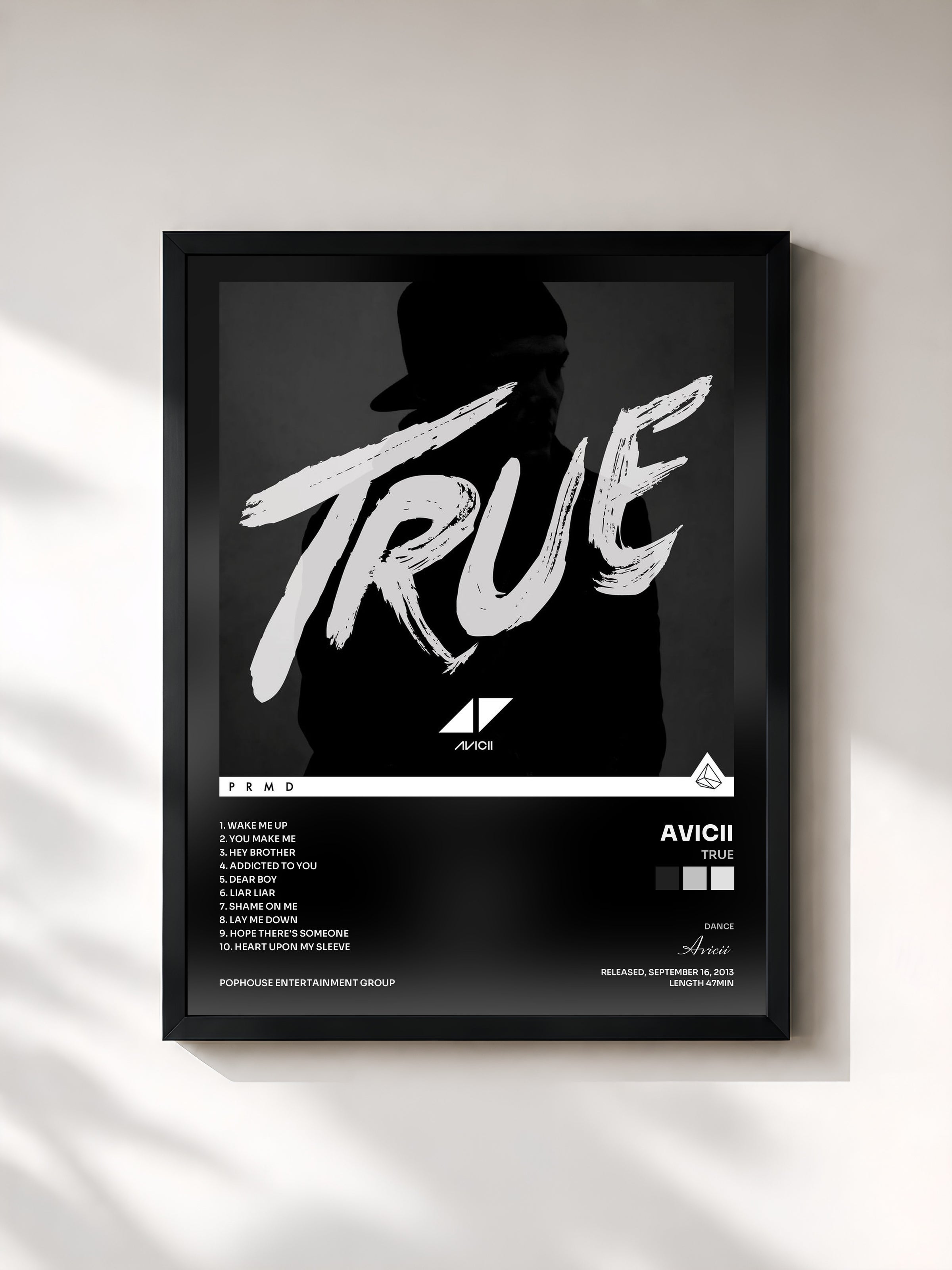 #noir Tableau de l'album True de Avicii, cadre noir, imprimé et encadré en France
