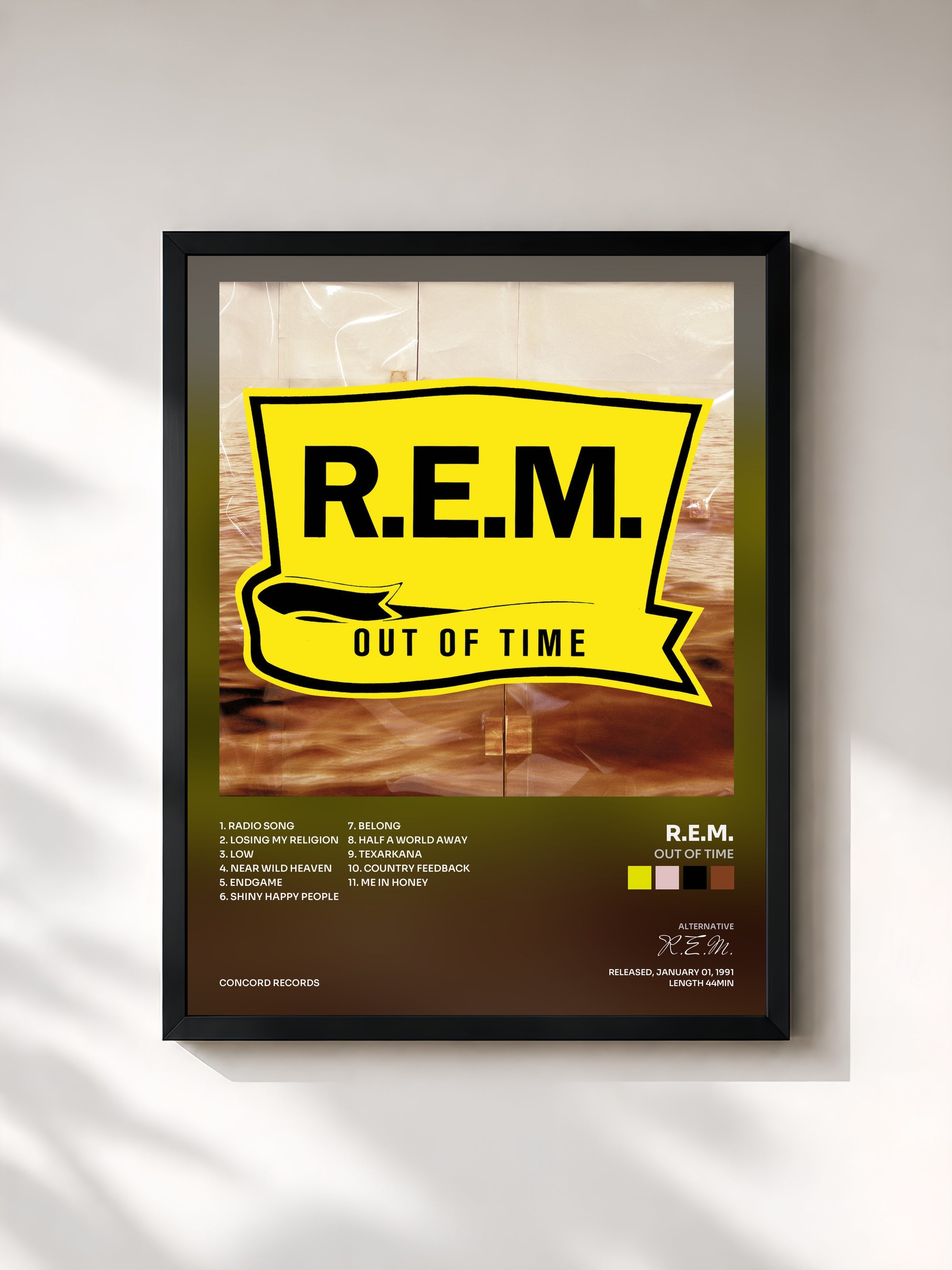 #noir Out Of Time by R.E.M. as a framed art print, black frame, printed and framed in France
