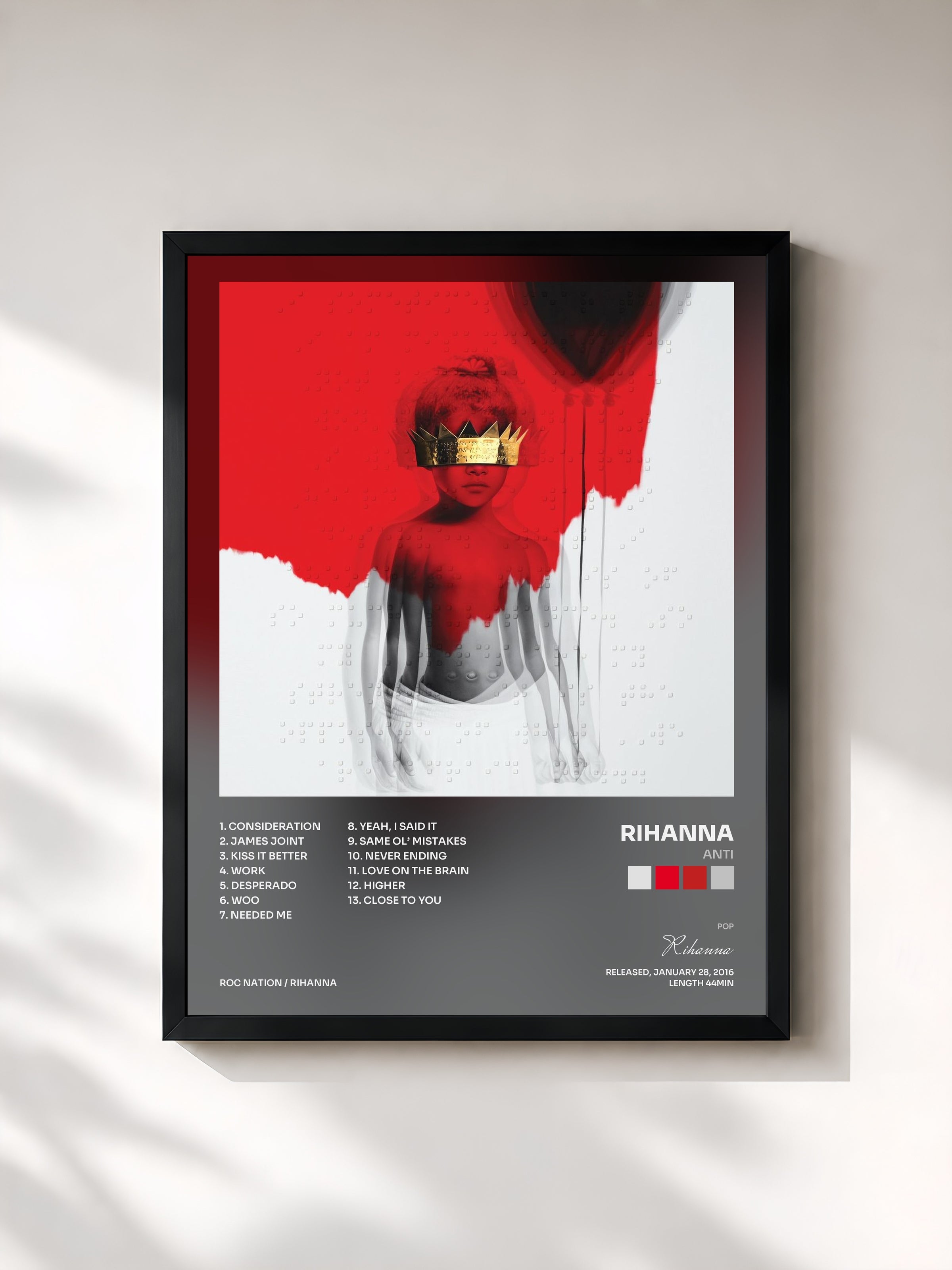 #noir Tableau de l'album ANTI de Rihanna, cadre noir, imprimé et encadré en France