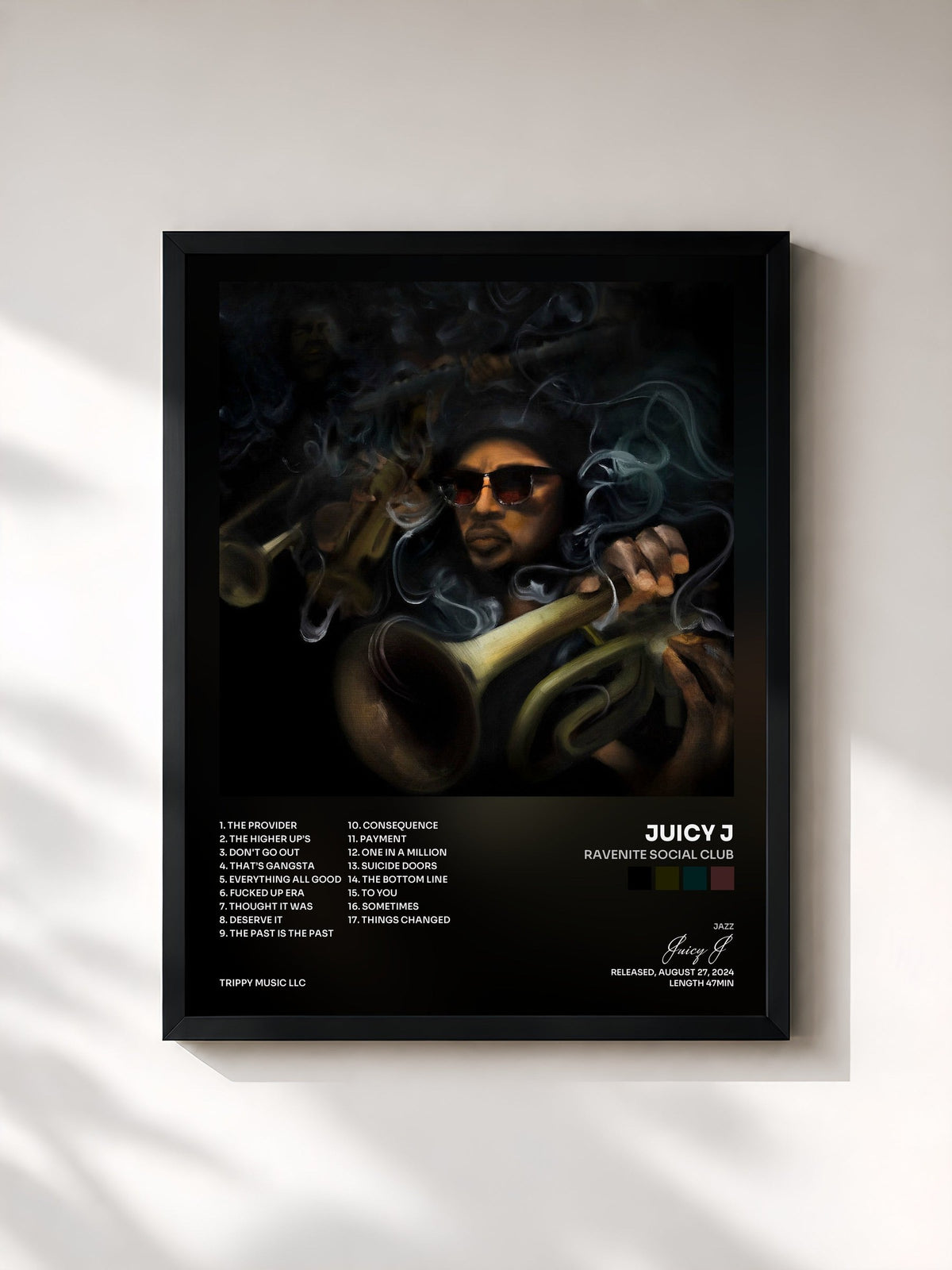 #noir Tableau de l'album Ravenite Social Club de Juicy J, cadre noir, imprimé et encadré en France