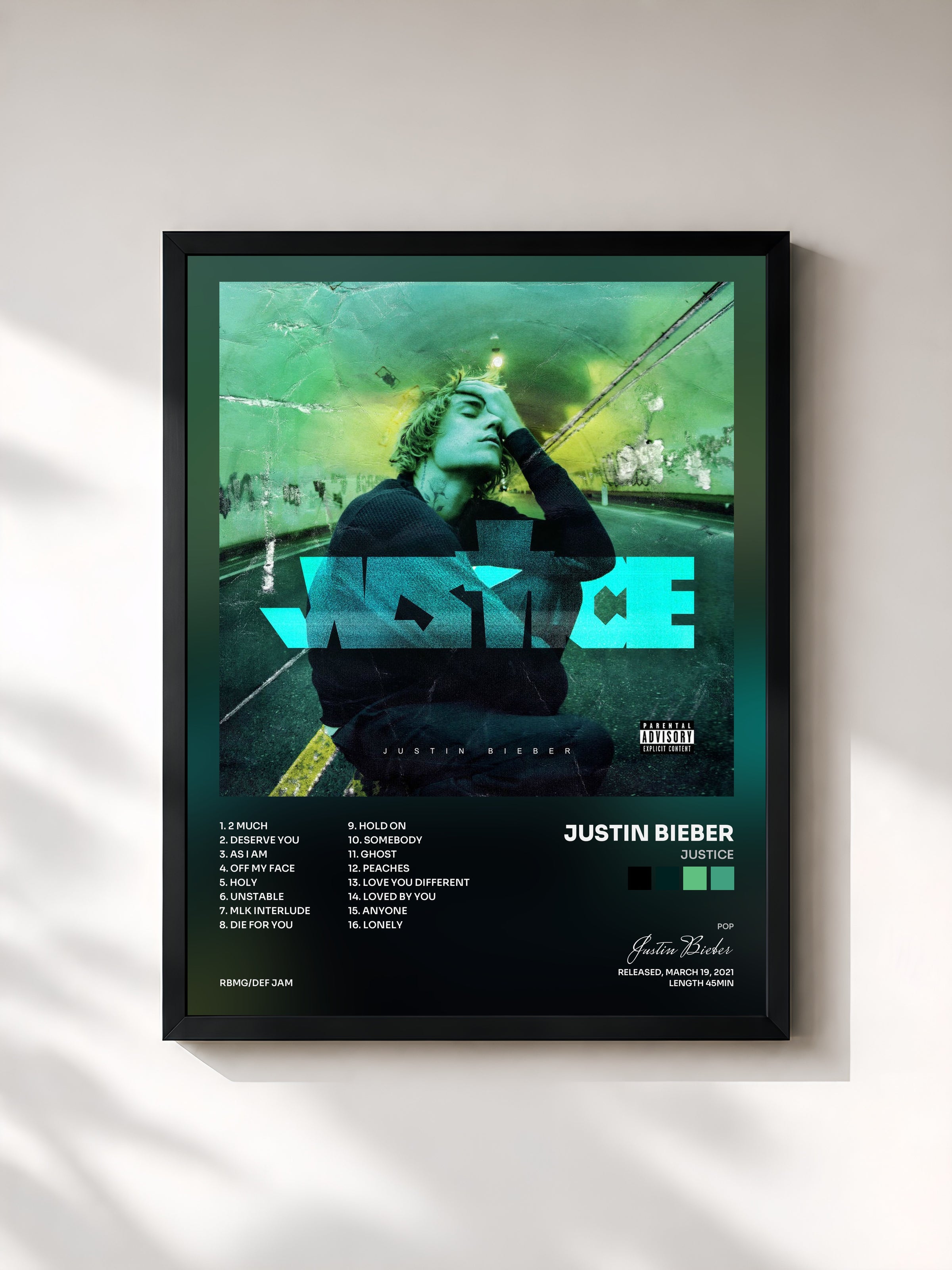 #noir Justice by Justin Bieber as a framed art print, black frame, printed and framed in France