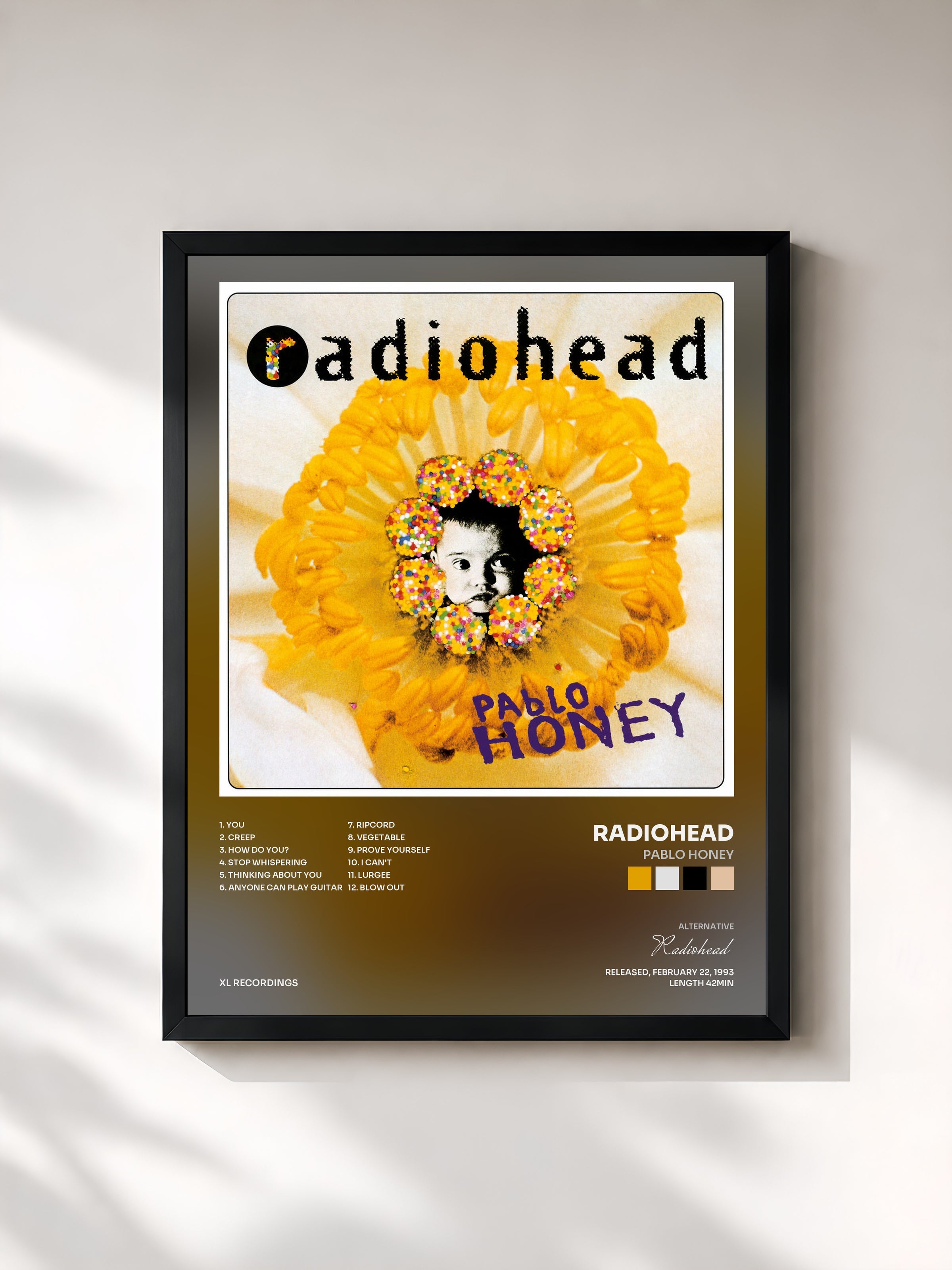 #noir Tableau de l'album Pablo Honey de Radiohead, cadre noir, imprimé et encadré en France