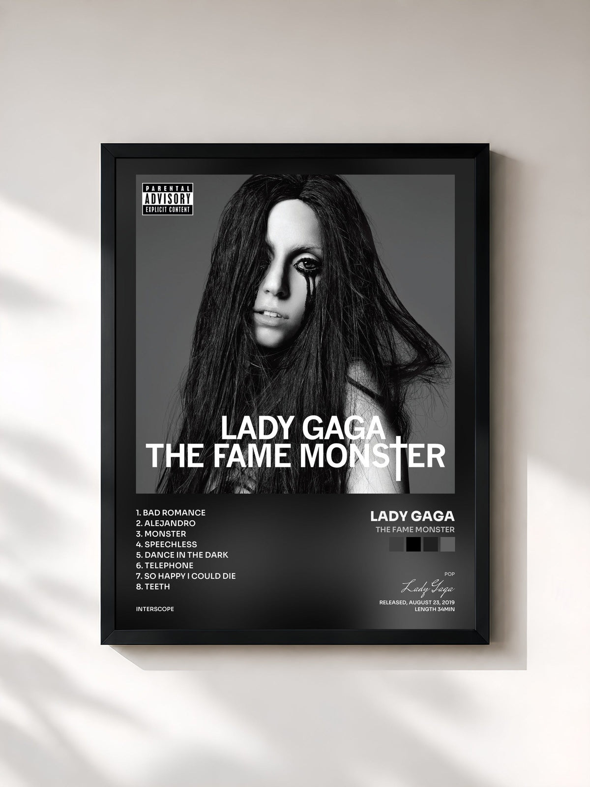 #noir Tableau de l'album The Fame Monster de Lady Gaga, cadre noir, imprimé et encadré en France