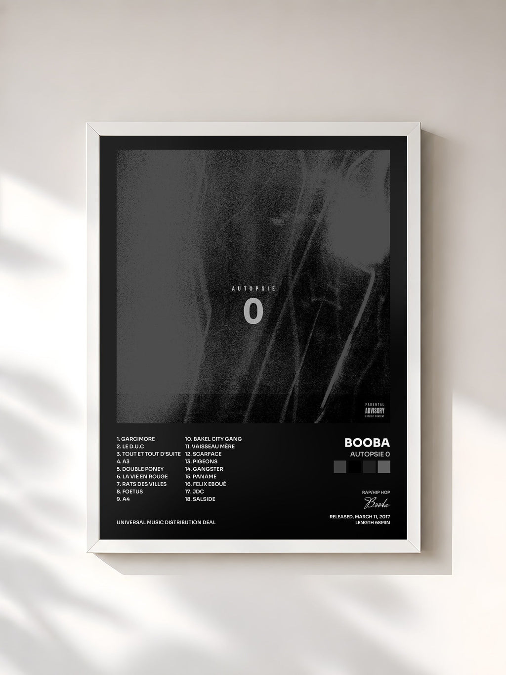 #blanc Tableau de l'album Autopsie 0 de Booba, cadre blanc, imprimé et encadré en France