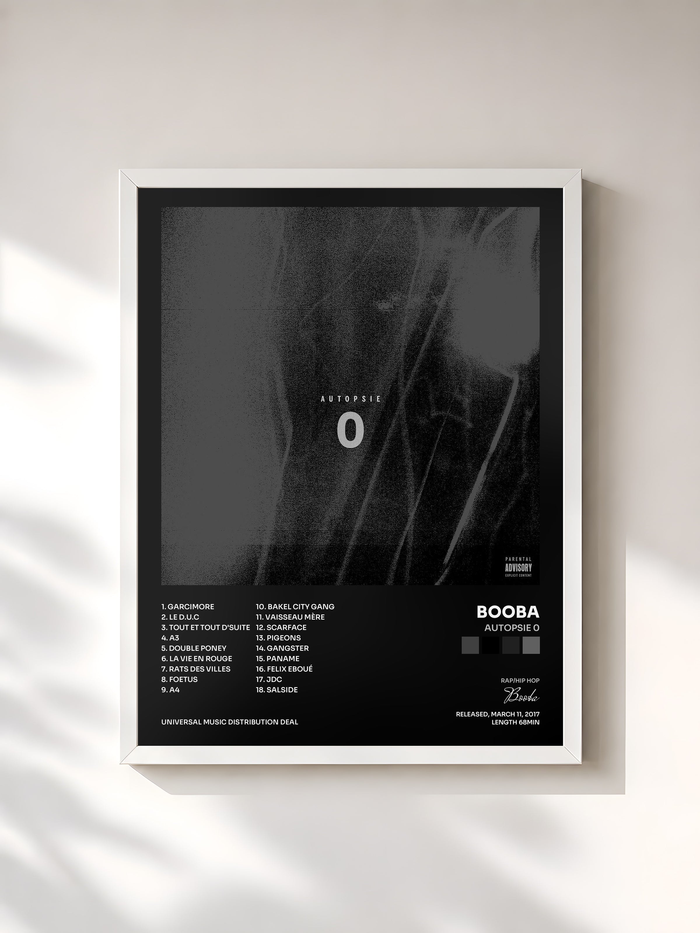 #blanc Tableau de l'album Autopsie 0 de Booba, cadre blanc, imprimé et encadré en France