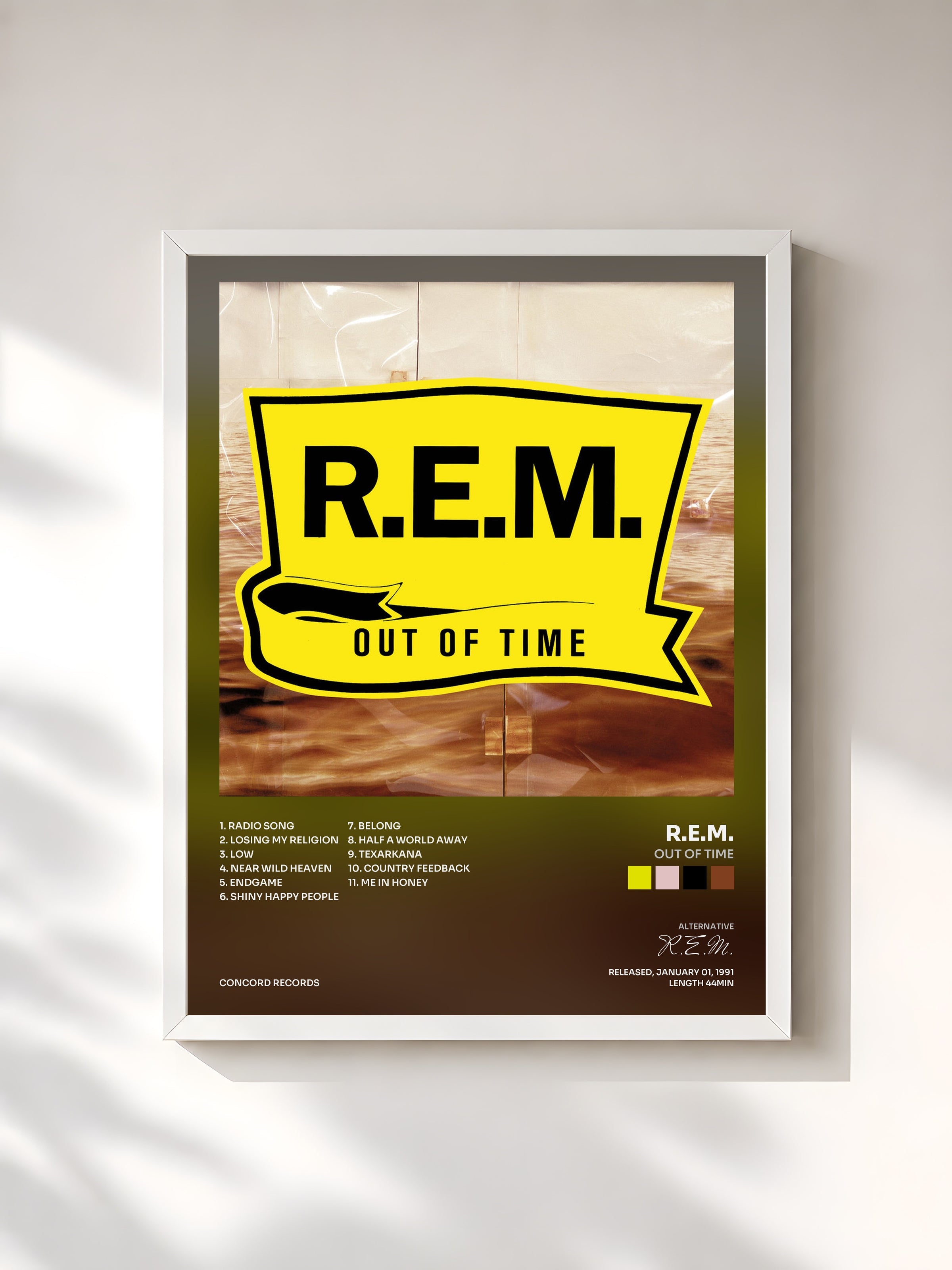 #blanc Out Of Time by R.E.M. as a framed art print, white frame, printed and framed in France