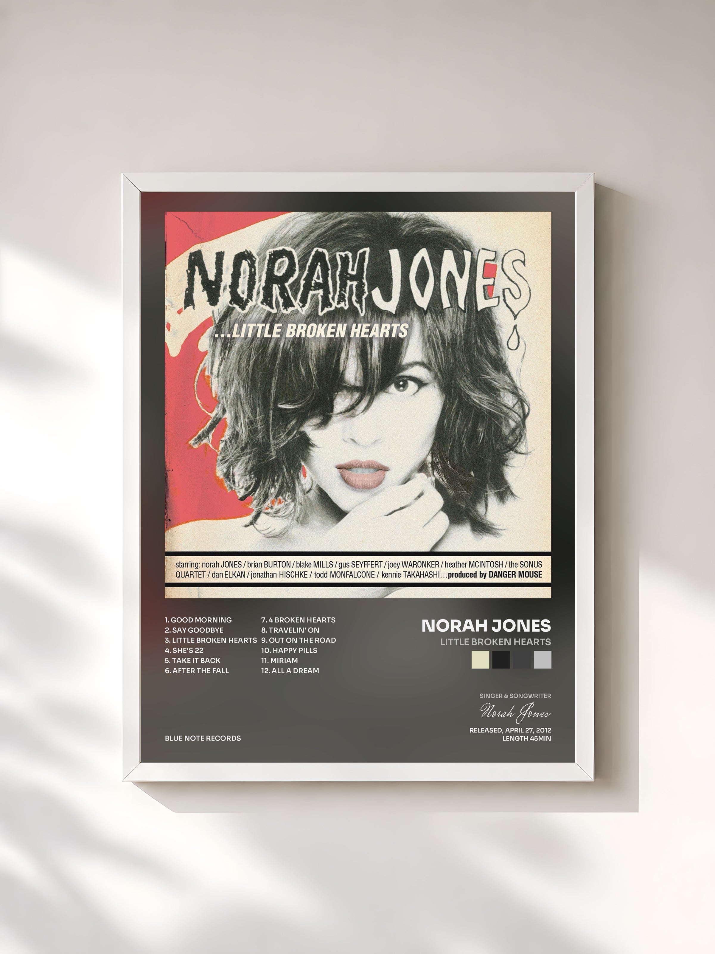 #blanc Little Broken Hearts by Norah Jones as a framed art print, white frame, printed and framed in France