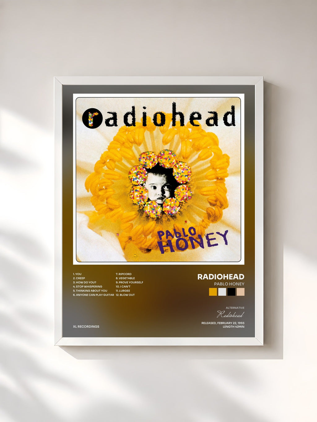 #blanc Tableau de l'album Pablo Honey de Radiohead, cadre blanc, imprimé et encadré en France