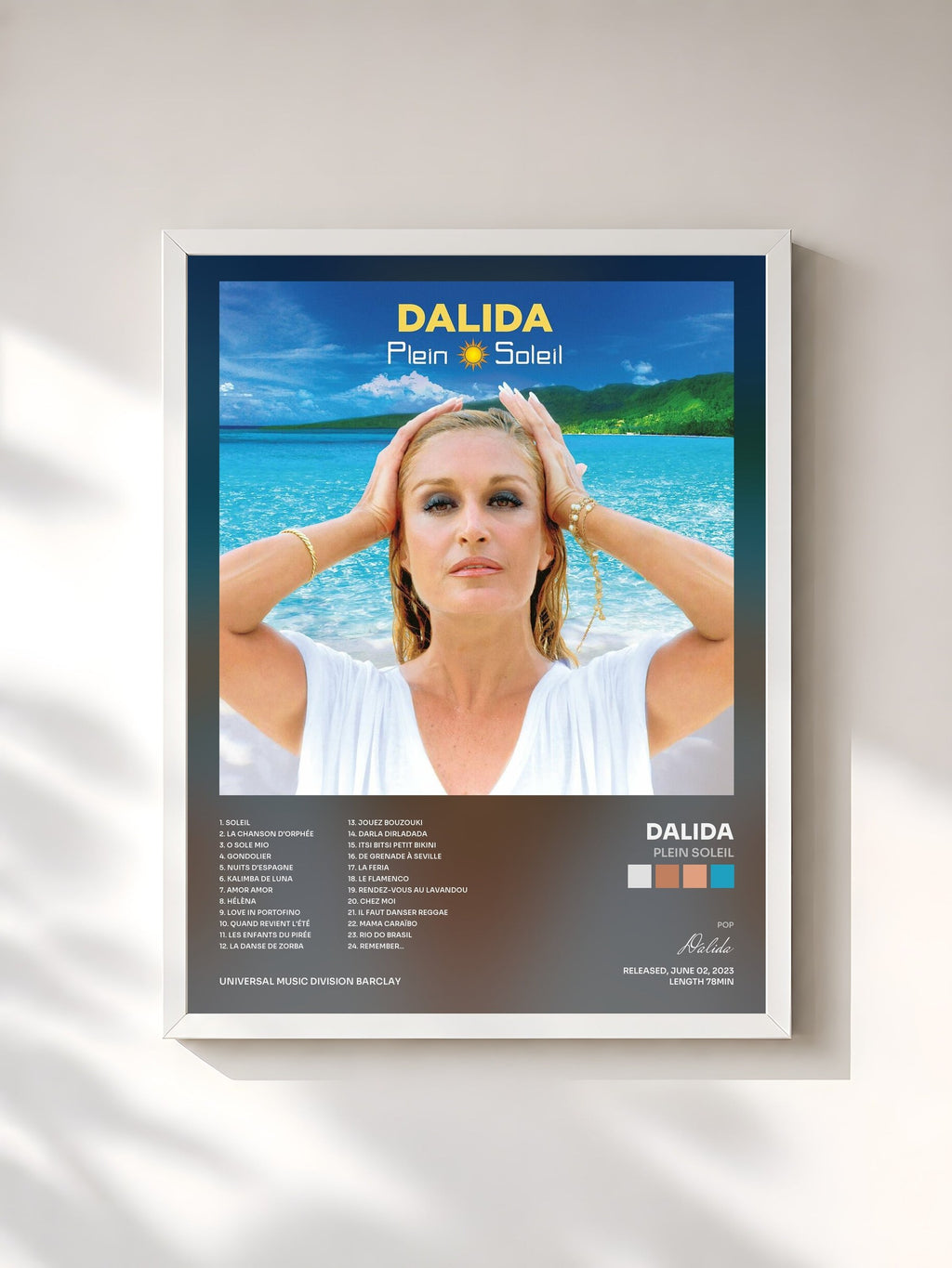 #blanc Plein soleil by Dalida as a framed art print, white frame, printed and framed in France