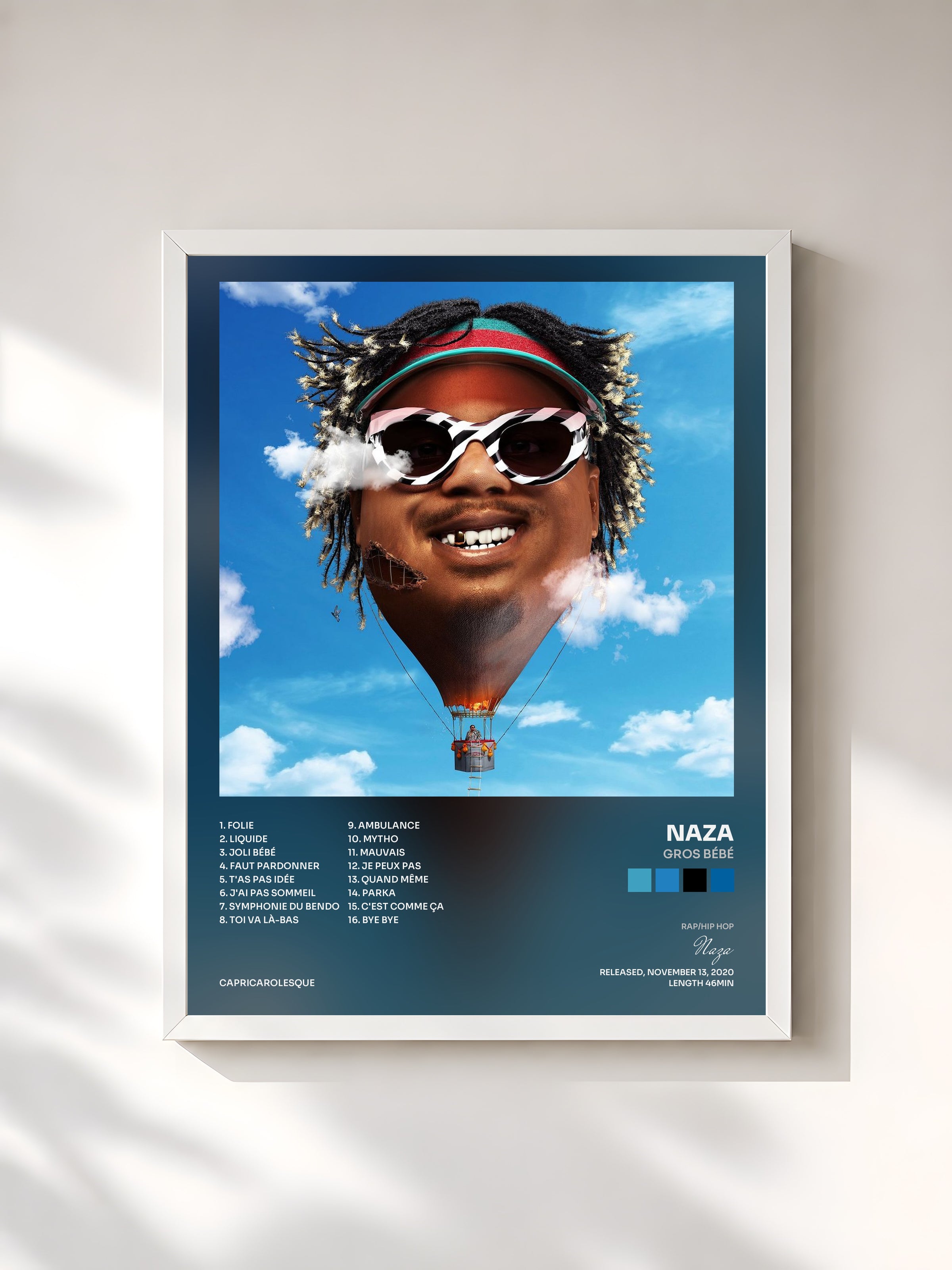 #blanc Gros bébé by Naza as a framed art print, white frame, printed and framed in France