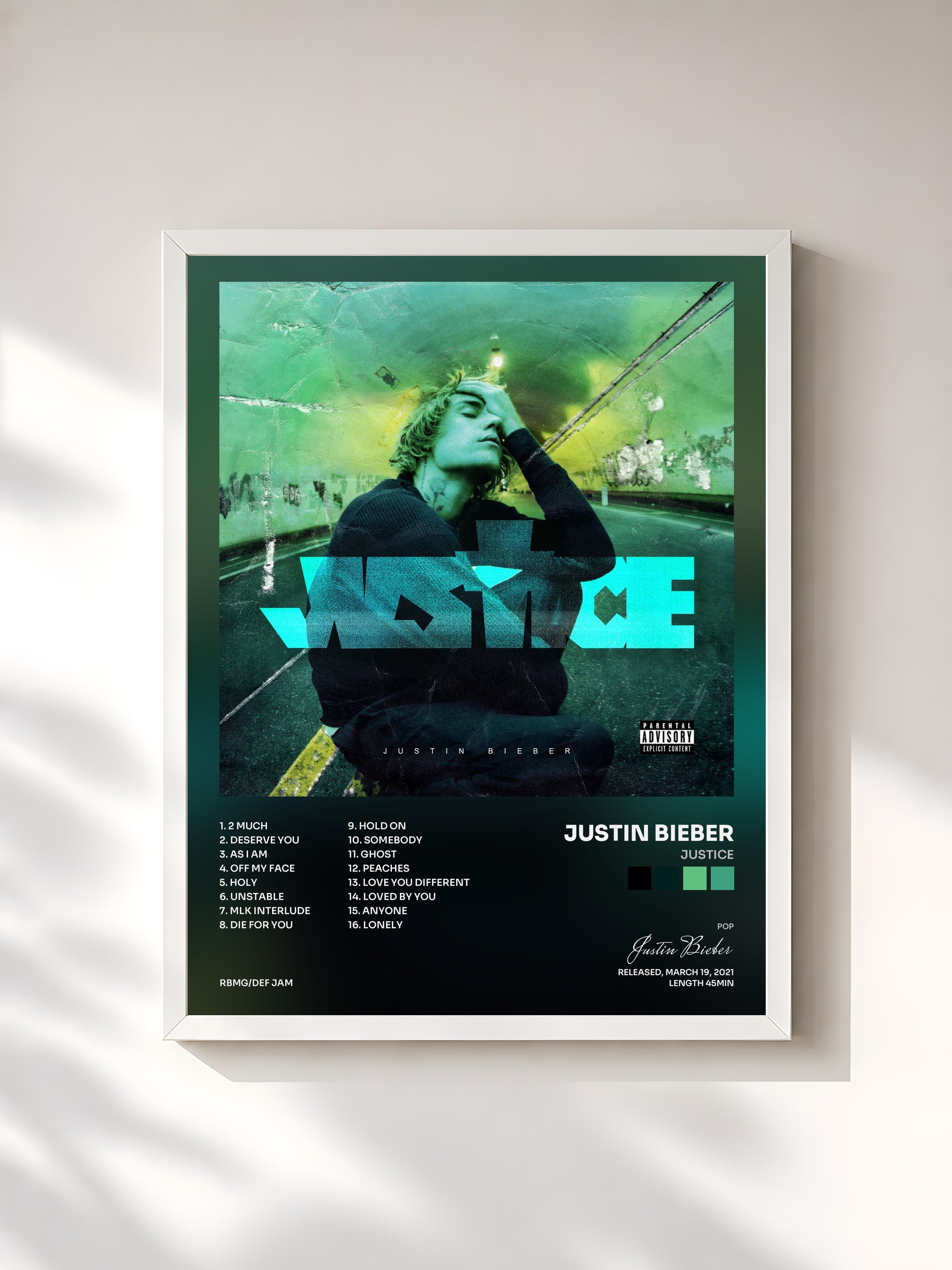 #blanc Justice by Justin Bieber as a framed art print, white frame, printed and framed in France