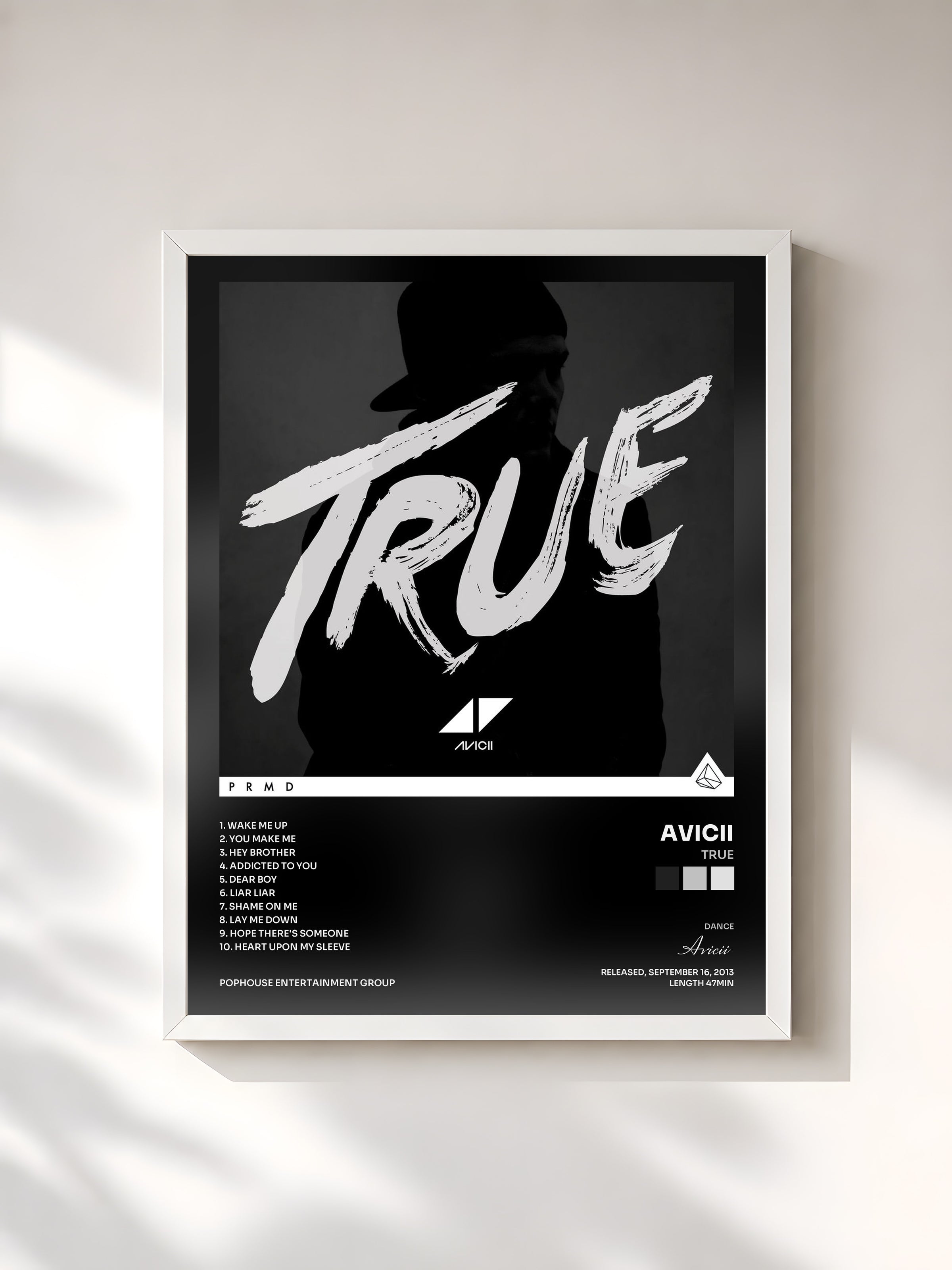 #blanc Tableau de l'album True de Avicii, cadre blanc, imprimé et encadré en France