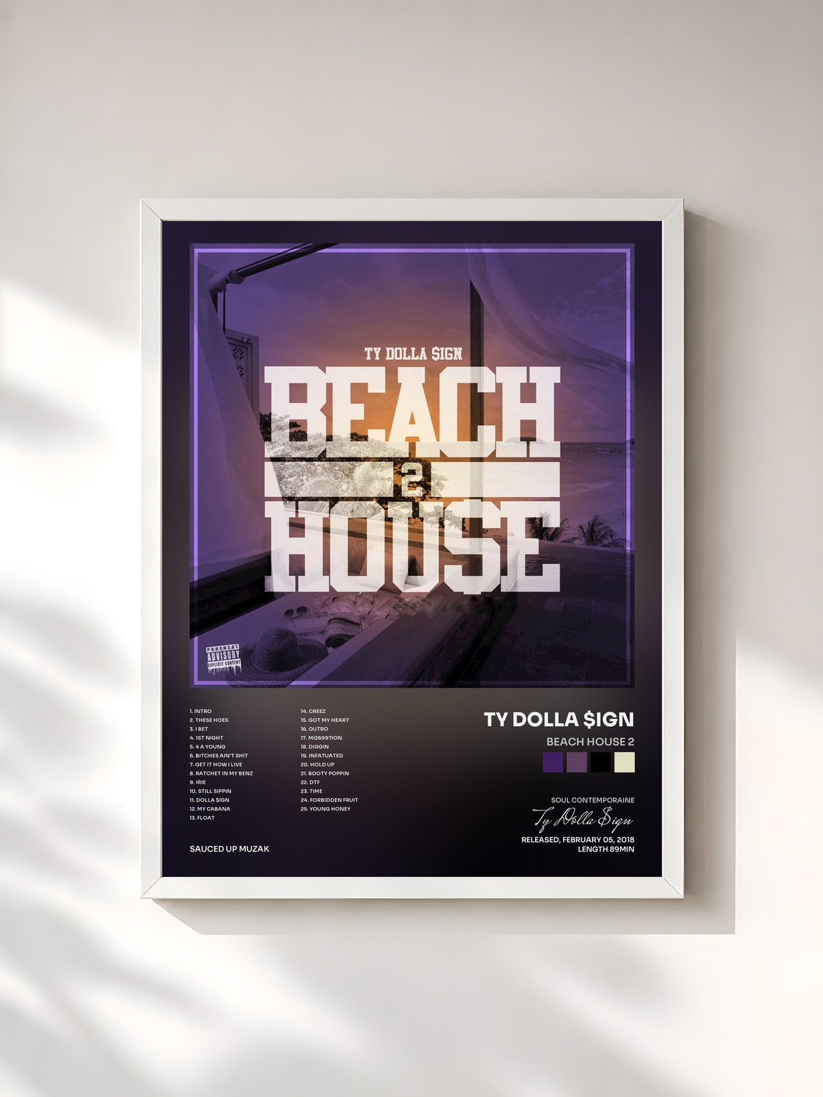 #blanc Tableau de l'album Beach House 2 de Ty Dolla $ign, cadre blanc, imprimé et encadré en France